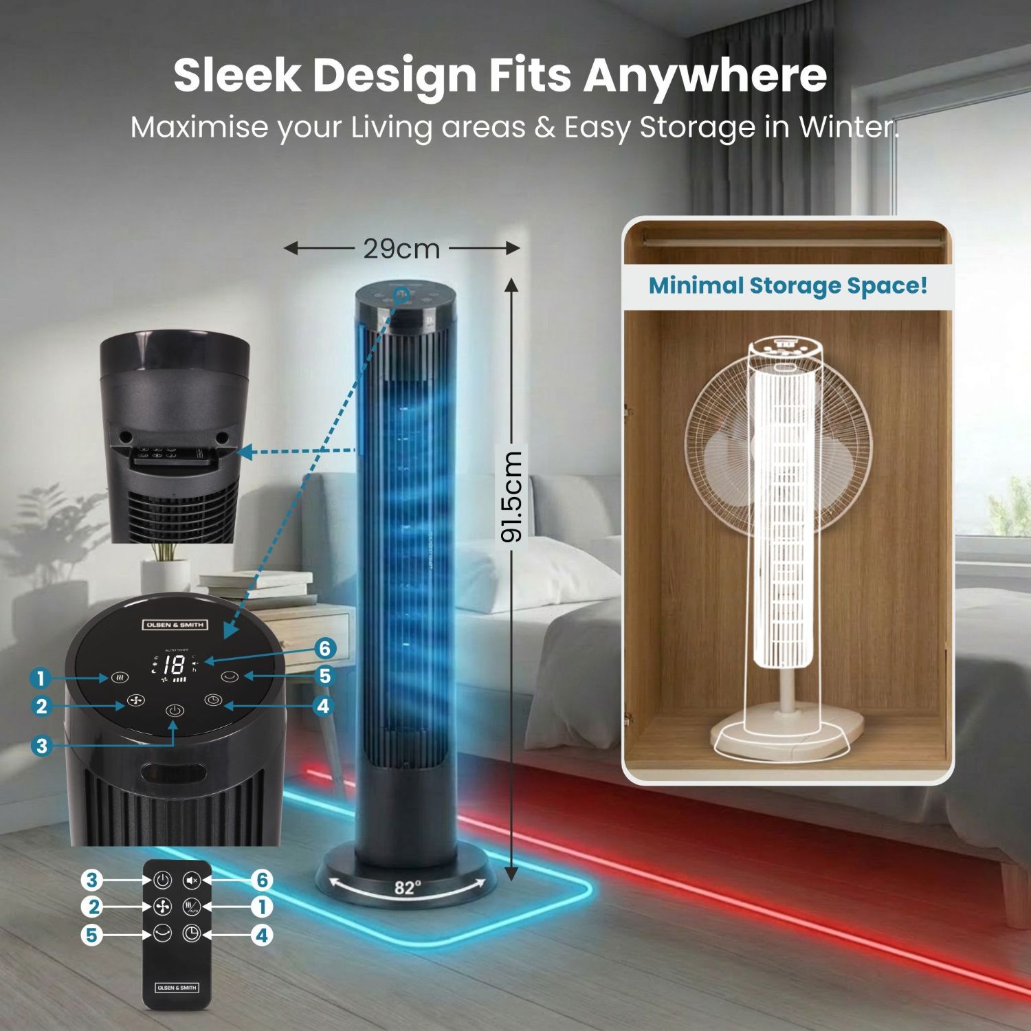 Olsen & Smith Silent Tower Fan with Remote – Quiet Fan for Bedroom & Sleeping, 4 Speed Modes, Sleep Mode, 82° Oscillation, 12H Timer, Bladeless Design – Matte Black