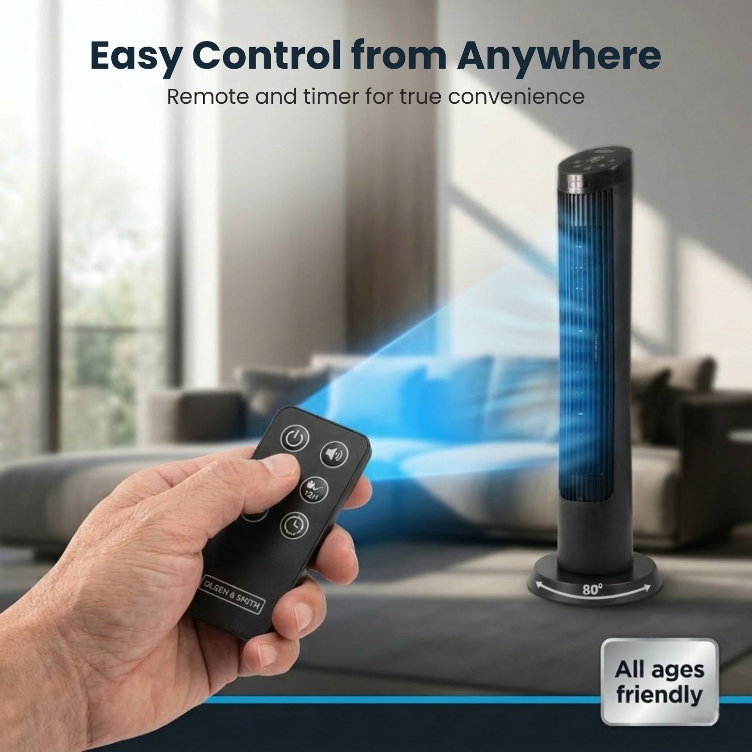 Olsen & Smith Silent Tower Fan with Remote – Quiet Fan for Bedroom & Sleeping, 4 Speed Modes, Sleep Mode, 82° Oscillation, 12H Timer, Bladeless Design – Matte Black