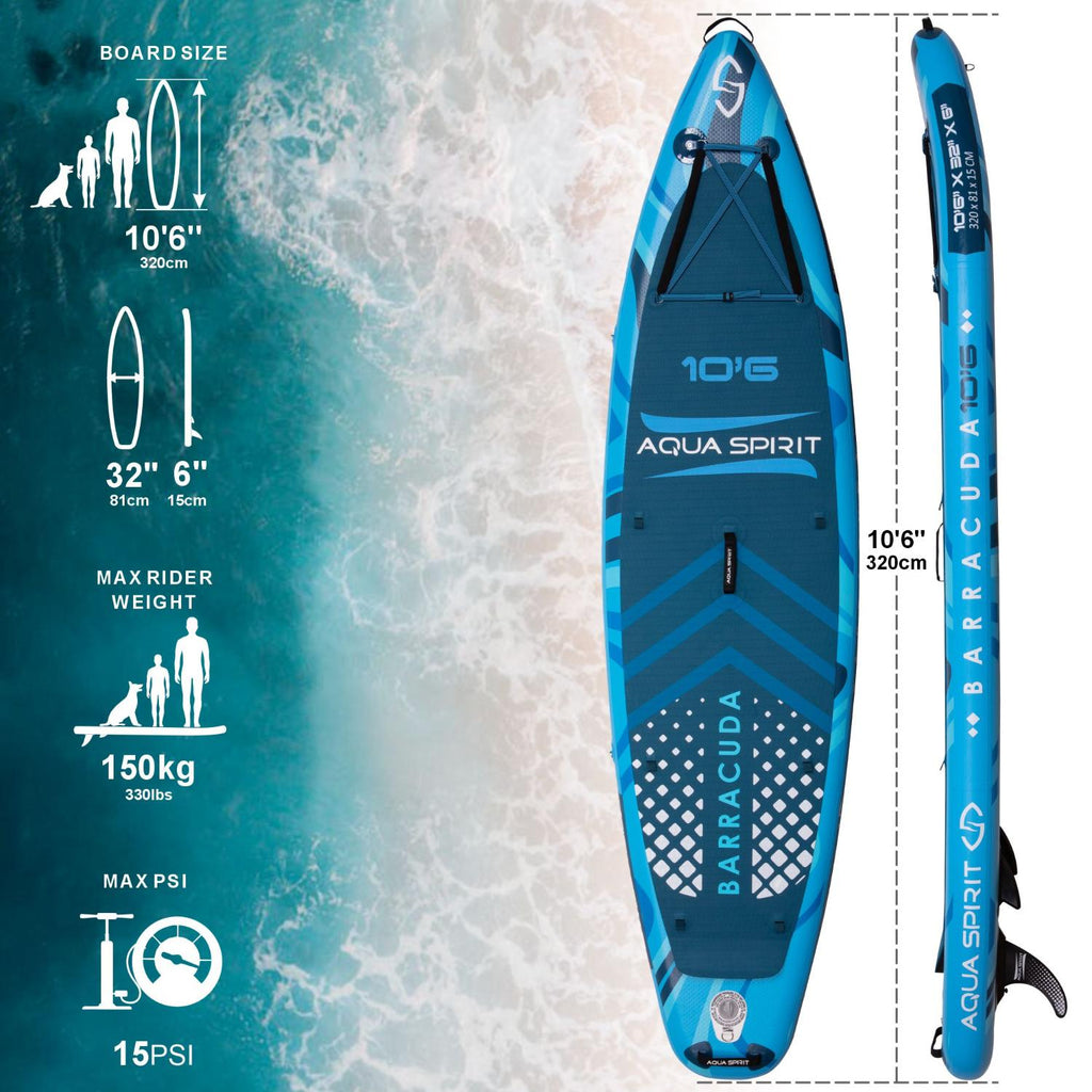 Aqua Spirit Barracuda iSUP Inflatable Stand Up Paddle Board, 10'6x32”x6”, Complete Kayak Conversion Kit with Paddle, Backpack, Pump and more accessories, Adult Beginner/Expert, 2 Year Warranty
