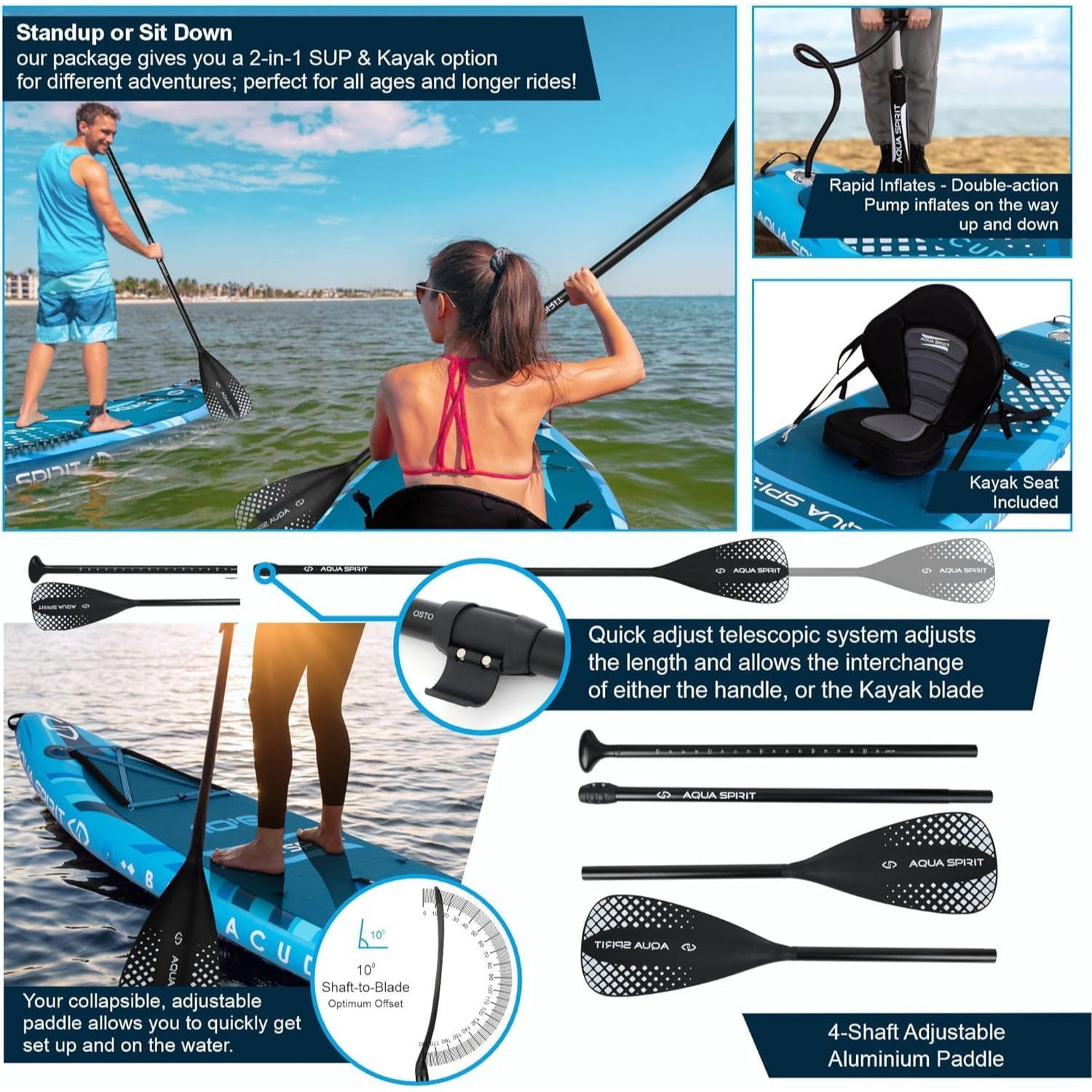 Aqua Spirit Barracuda iSUP Inflatable Stand Up Paddle Board, 10'6x32”x6”, Complete Kayak Conversion Kit with Paddle, Backpack, Pump and more accessories, Adult Beginner/Expert, 2 Year Warranty