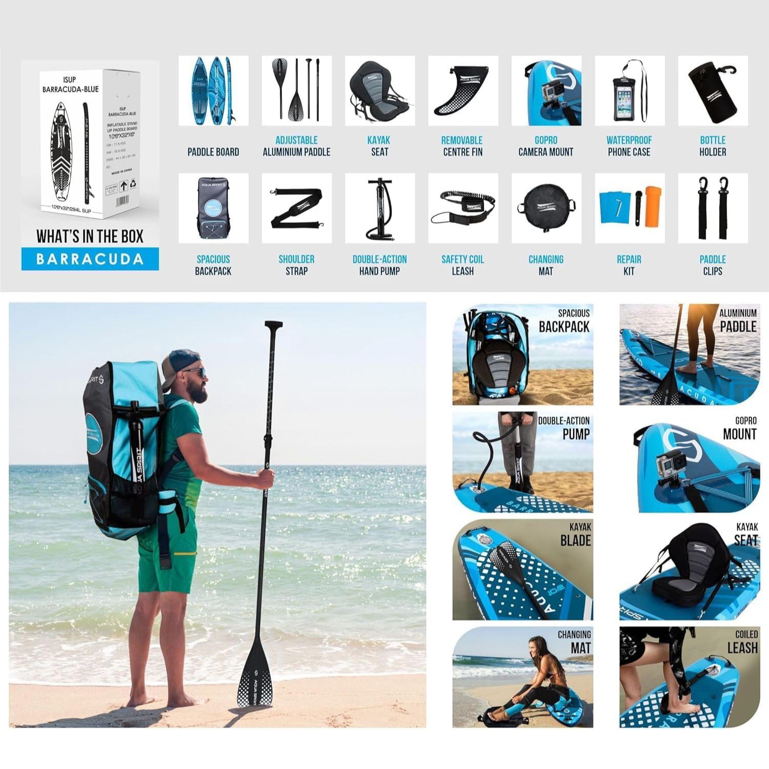 Aqua Spirit Barracuda iSUP Inflatable Stand Up Paddle Board, 10'6x32”x6”, Complete Kayak Conversion Kit with Paddle, Backpack, Pump and more accessories, Adult Beginner/Expert, 2 Year Warranty