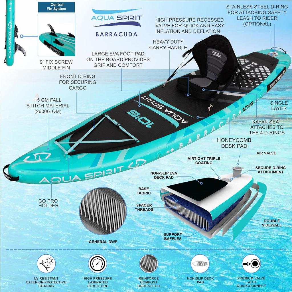 Aqua Spirit Barracuda iSUP Inflatable Stand Up Paddle Board, 10'6x32”x6”, Complete Kayak Conversion Kit with Paddle, Backpack, Pump and more accessories, Adult Beginner/Expert, 2 Year Warranty