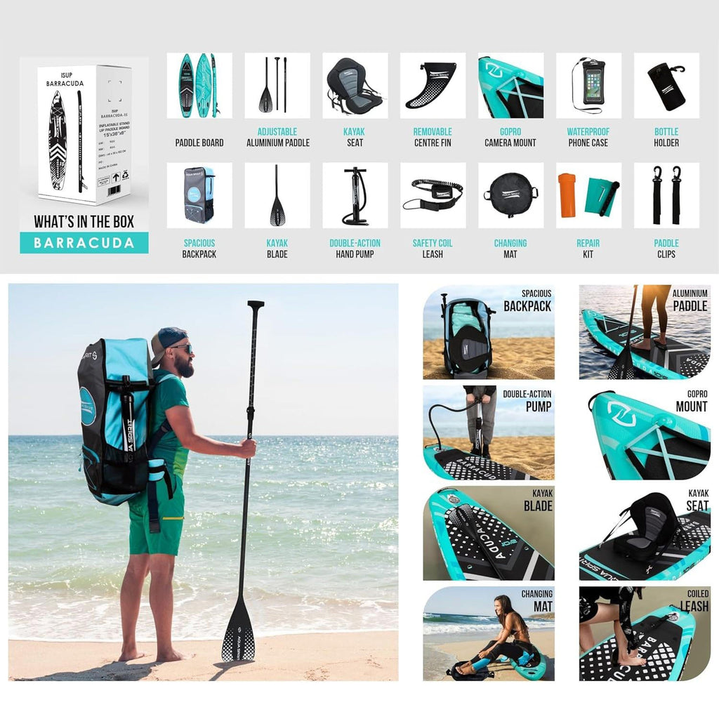 Aqua Spirit Barracuda iSUP Inflatable Stand Up Paddle Board, 10'6x32”x6”, Complete Kayak Conversion Kit with Paddle, Backpack, Pump and more accessories, Adult Beginner/Expert, 2 Year Warranty