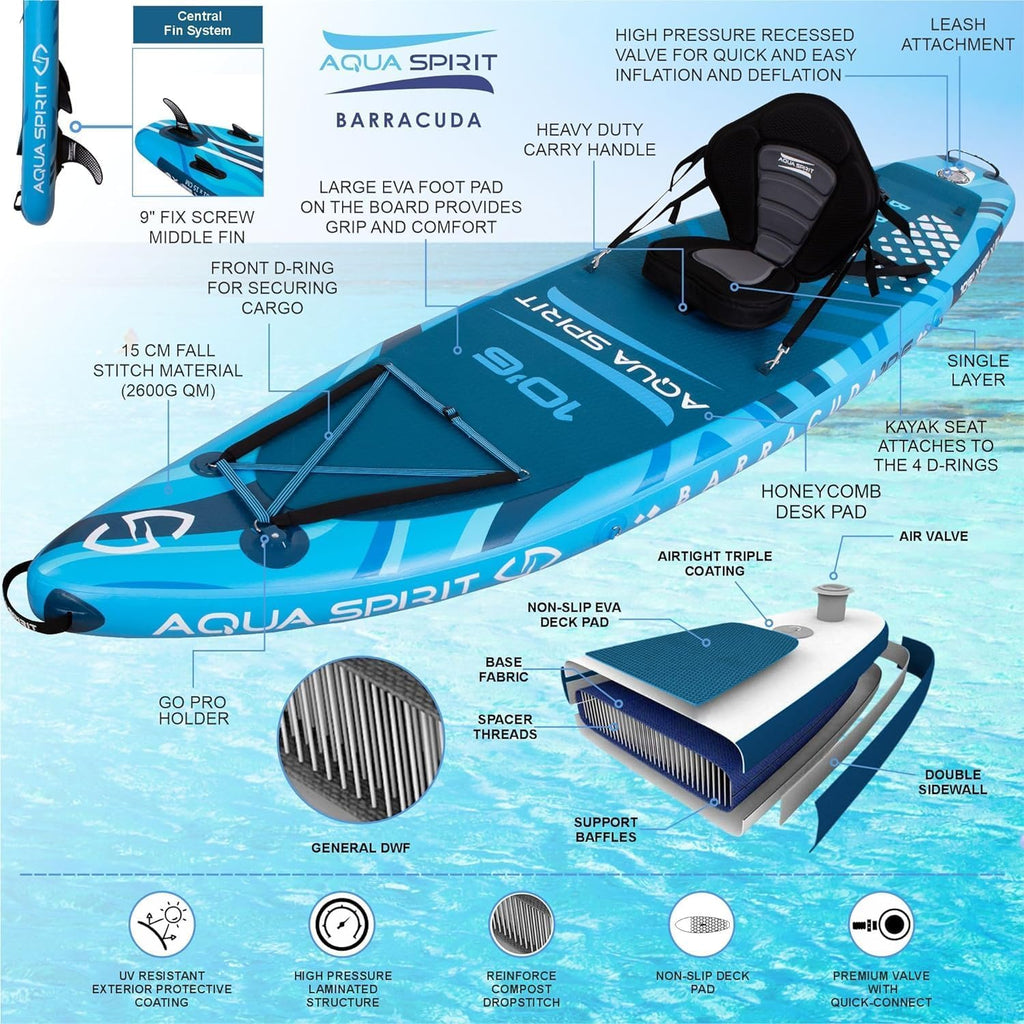 Aqua Spirit Barracuda iSUP Inflatable Stand Up Paddle Board, 10'6x32”x6”, Complete Kayak Conversion Kit with Paddle, Backpack, Pump and more accessories, Adult Beginner/Expert, 2 Year Warranty