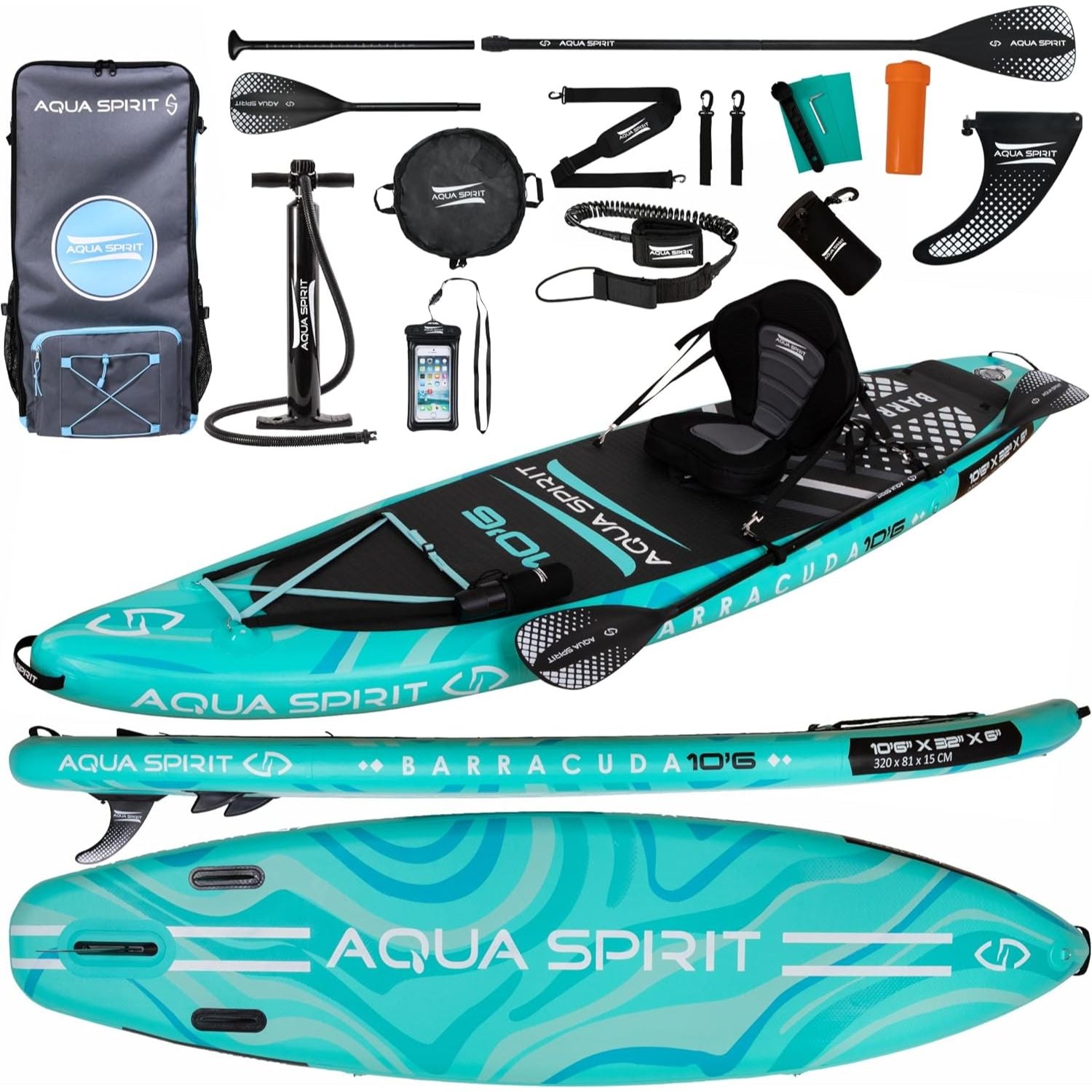 Aqua Spirit Barracuda iSUP Inflatable Stand Up Paddle Board, 10'6x32”x6”, Complete Kayak Conversion Kit with Paddle, Backpack, Pump and more accessories, Adult Beginner/Expert, 2 Year Warranty