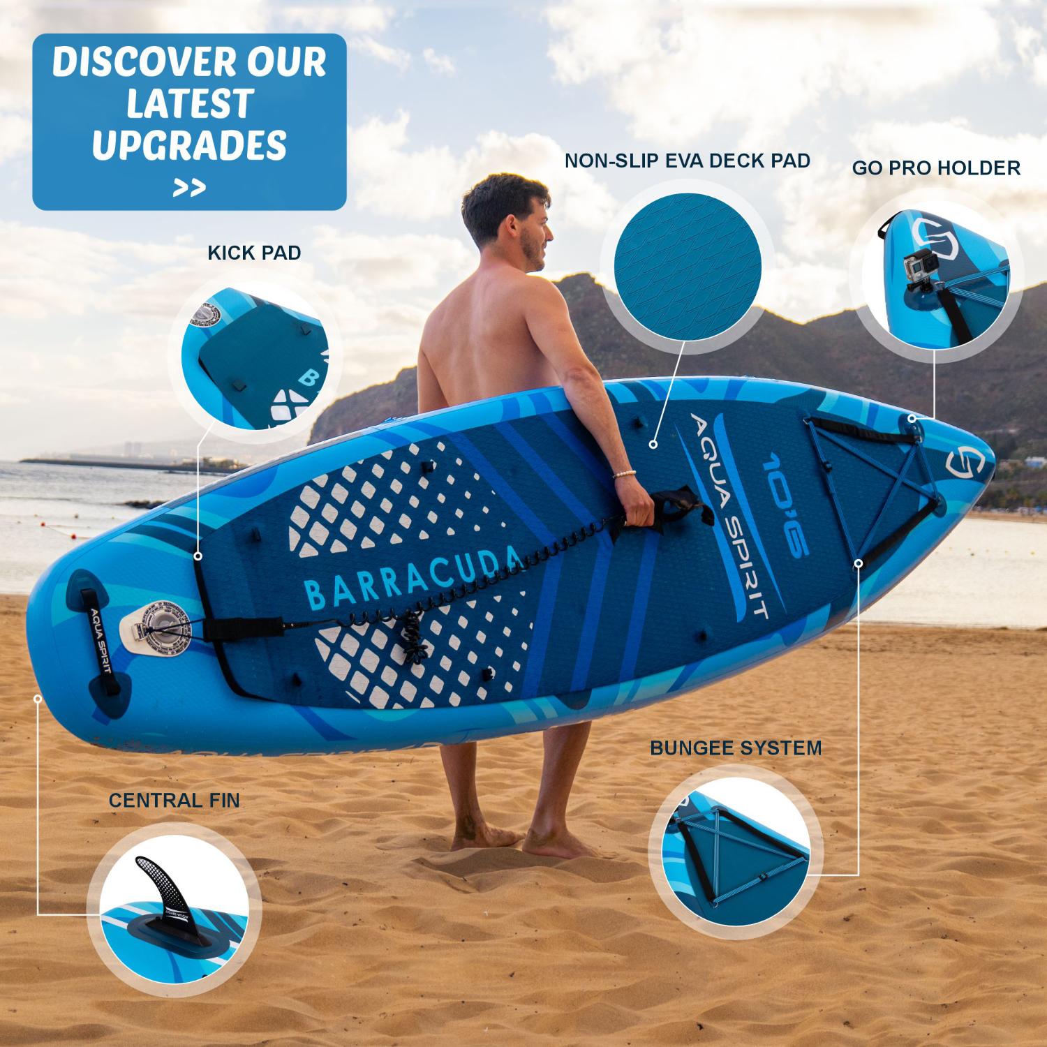Aqua Spirit Barracuda iSUP Inflatable Stand Up Paddle Board, 10'6x32”x6”, Complete Kayak Conversion Kit with Paddle, Backpack, Pump and more accessories, Adult Beginner/Expert, 2 Year Warranty