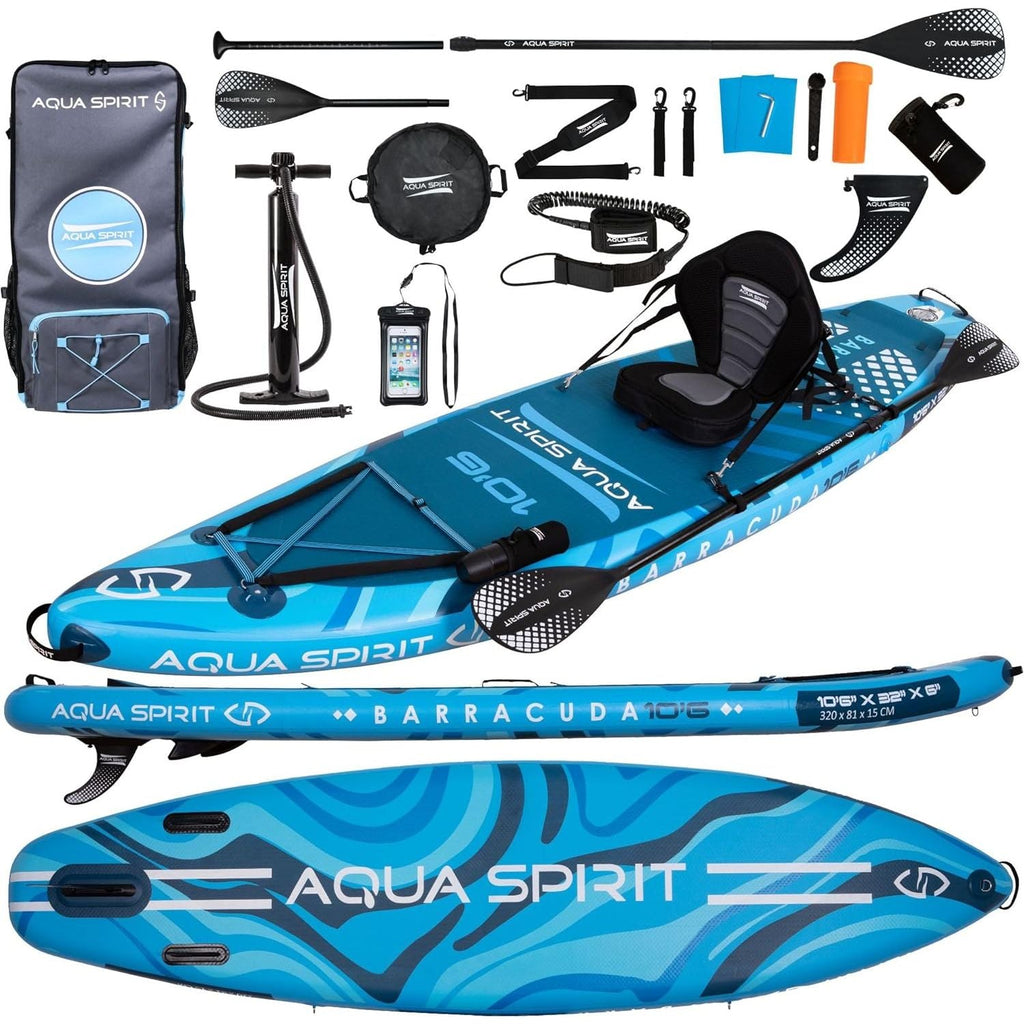 Aqua Spirit Barracuda iSUP Inflatable Stand Up Paddle Board, 10'6x32”x6”, Complete Kayak Conversion Kit with Paddle, Backpack, Pump and more accessories, Adult Beginner/Expert, 2 Year Warranty
