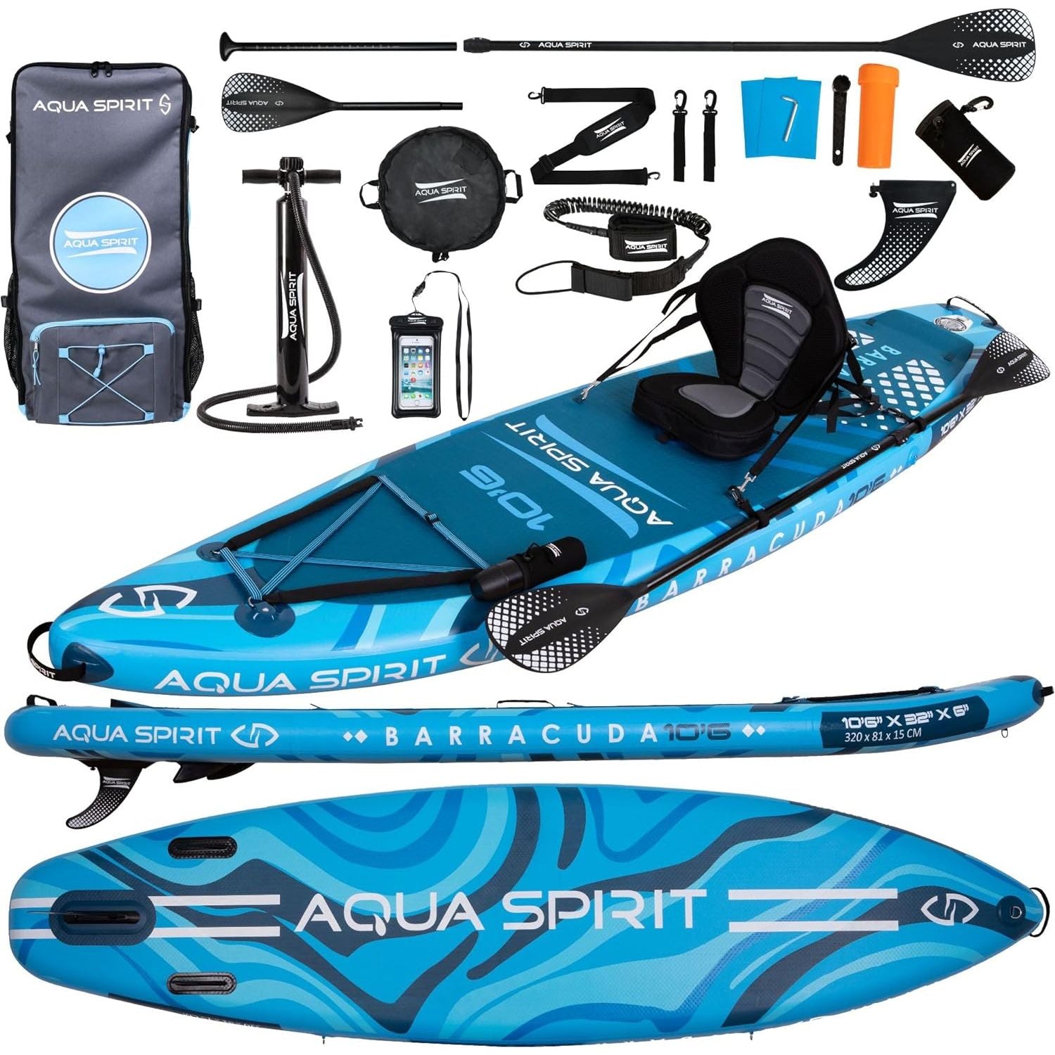 Aqua Spirit Barracuda iSUP Inflatable Stand Up Paddle Board, 10'6x32”x6”, Complete Kayak Conversion Kit with Paddle, Backpack, Pump and more accessories, Adult Beginner/Expert, 2 Year Warranty