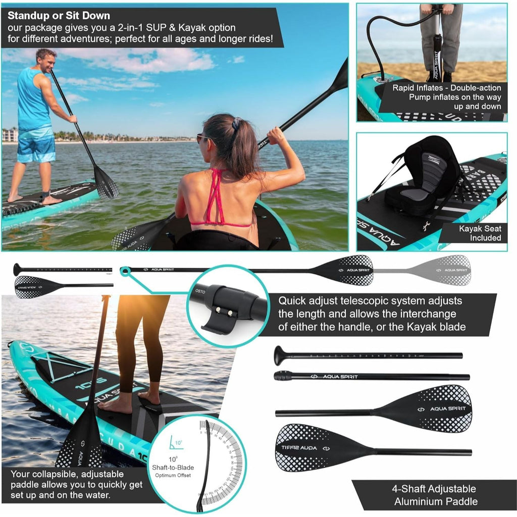 Aqua Spirit Barracuda iSUP Inflatable Stand Up Paddle Board, 10'6x32”x6”, Complete Kayak Conversion Kit with Paddle, Backpack, Pump and more accessories, Adult Beginner/Expert, 2 Year Warranty