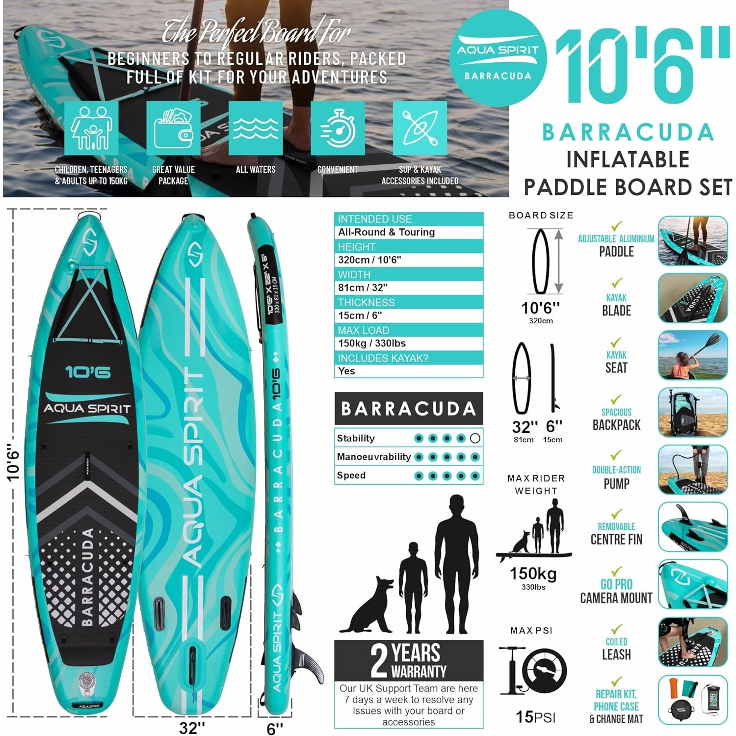 Aqua Spirit Barracuda iSUP Inflatable Stand Up Paddle Board, 10'6x32”x6”, Complete Kayak Conversion Kit with Paddle, Backpack, Pump and more accessories, Adult Beginner/Expert, 2 Year Warranty