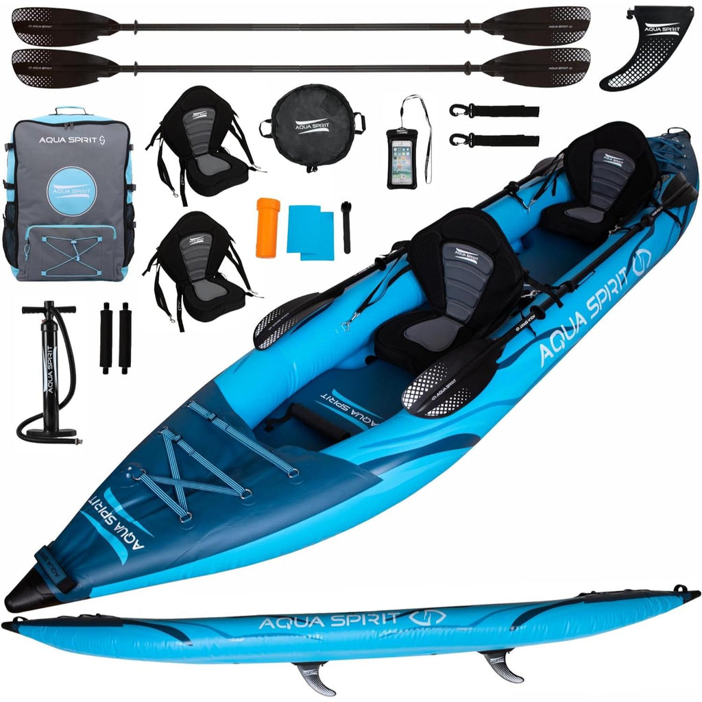 Aqua Spirit Inflatable Kayak, 2-Seater Complete Kayak Kit with Paddle, Backpack, Double-Action Pump and more accessories/Adult Beginners/Experts, 13’5” - 3 Year Warranty