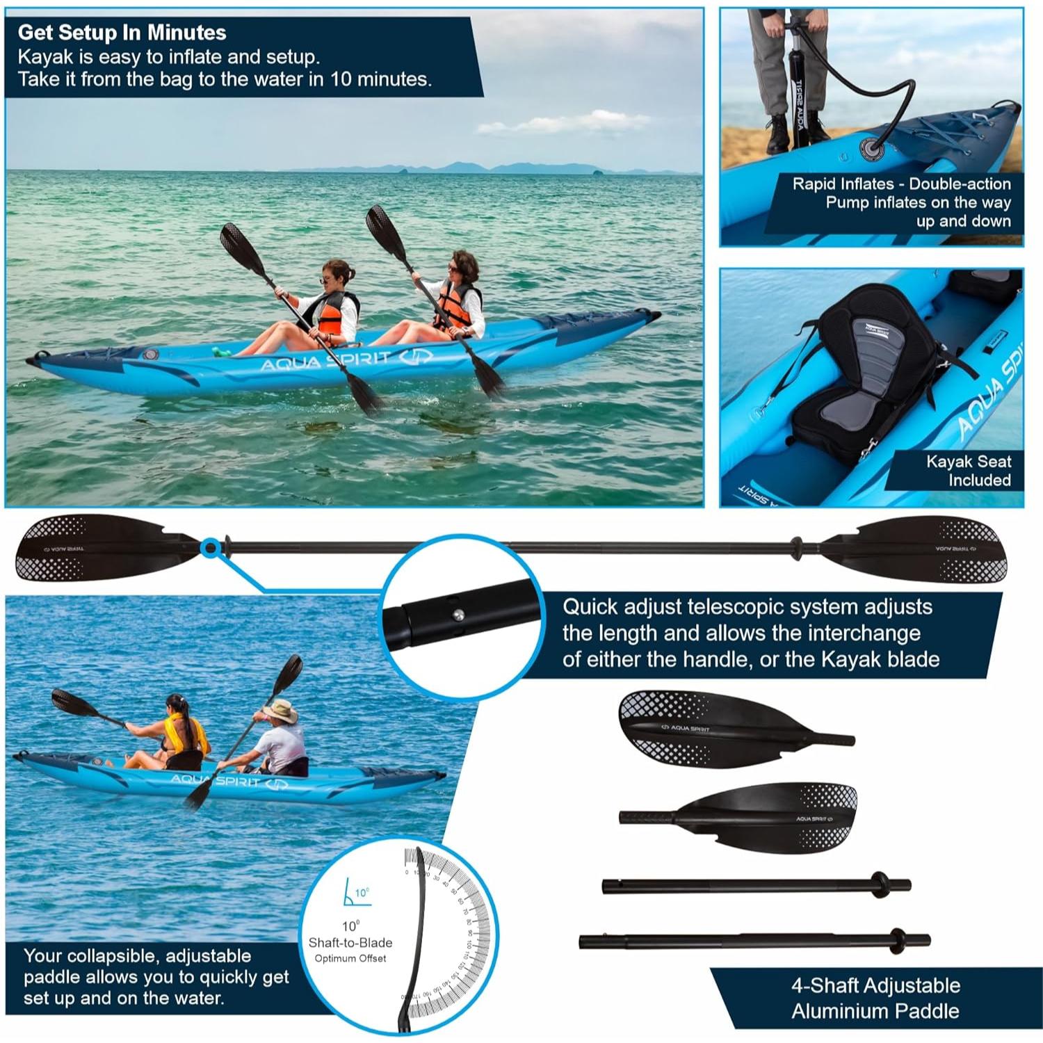 Aqua Spirit Inflatable Kayak, 2-Seater Complete Kayak Kit with Paddle, Backpack, Double-Action Pump and more accessories/Adult Beginners/Experts, 13’5” - 3 Year Warranty