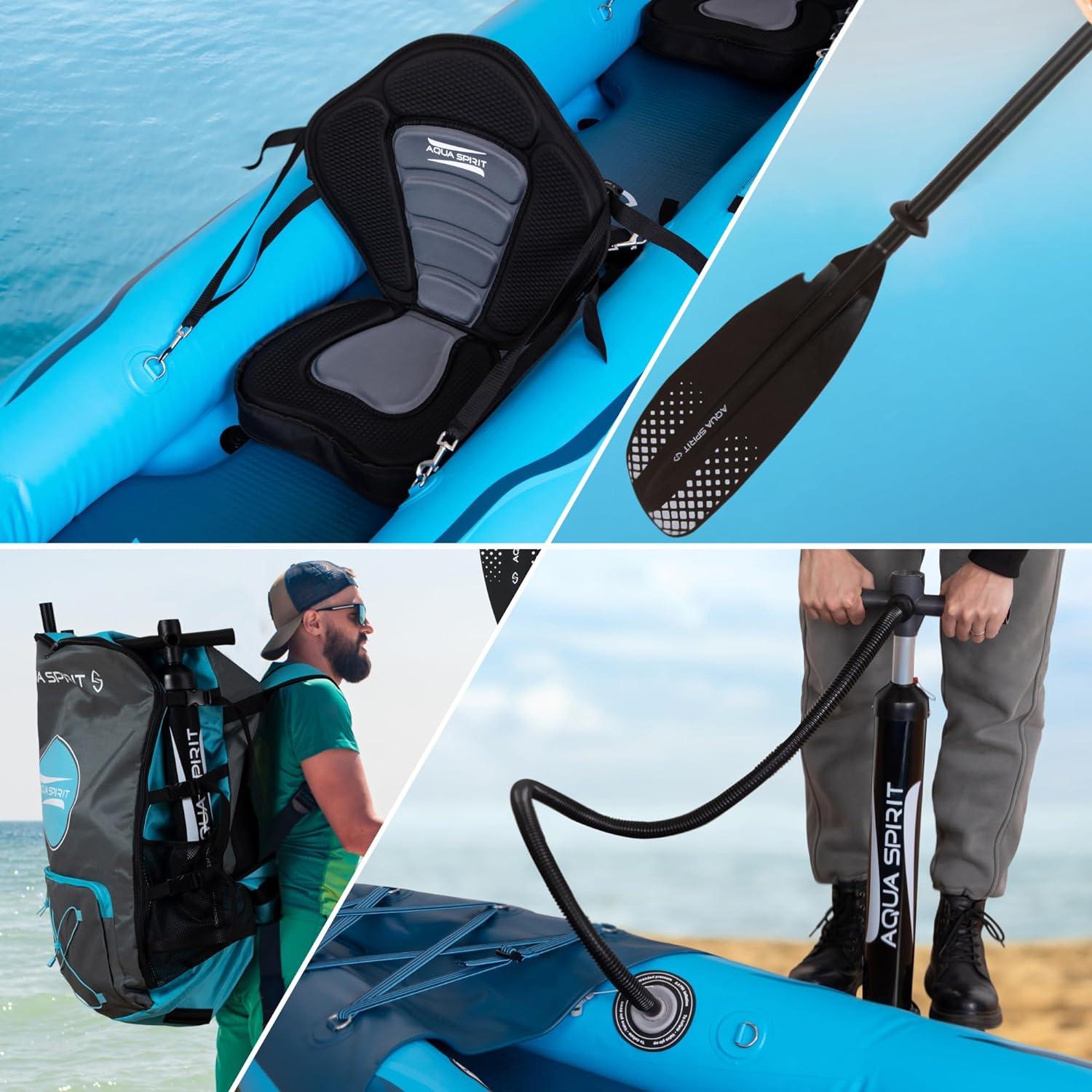 Aqua Spirit Inflatable Kayak, 2-Seater Complete Kayak Kit with Paddle, Backpack, Double-Action Pump and more accessories/Adult Beginners/Experts, 13’5” - 3 Year Warranty