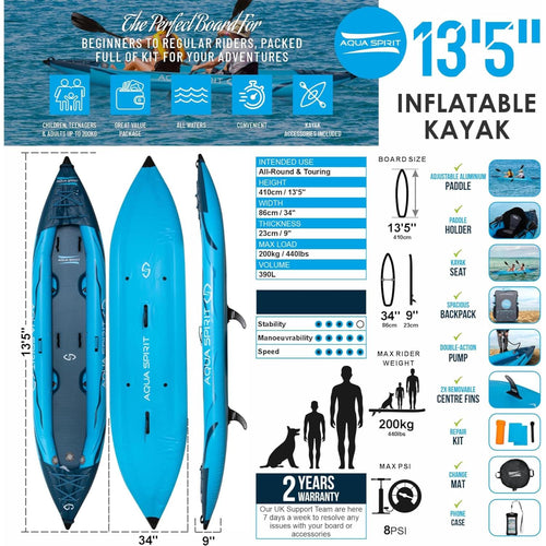Aqua Spirit Inflatable Kayak, 2-Seater Complete Kayak Kit with Paddle, Backpack, Double-Action Pump and more accessories/Adult Beginners/Experts, 13’5” - 3 Year Warranty