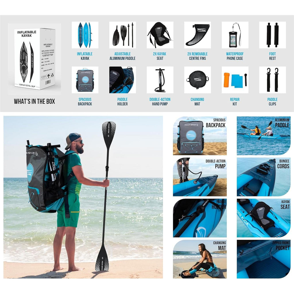 Aqua Spirit Inflatable Kayak, 2-Seater Complete Kayak Kit with Paddle, Backpack, Double-Action Pump and more accessories/Adult Beginners/Experts, 13’5” - 3 Year Warranty