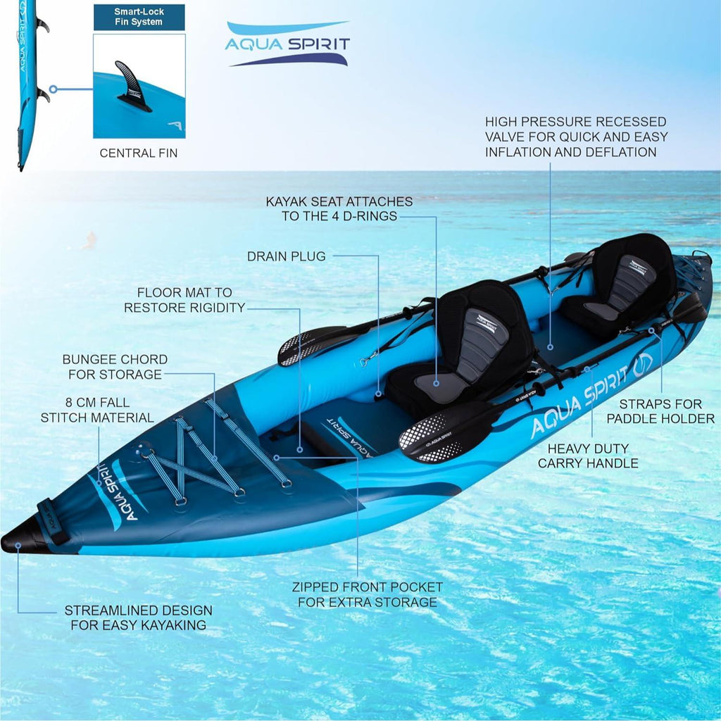 Aqua Spirit Inflatable Kayak, 2-Seater Complete Kayak Kit with Paddle, Backpack, Double-Action Pump and more accessories/Adult Beginners/Experts, 13’5” - 3 Year Warranty