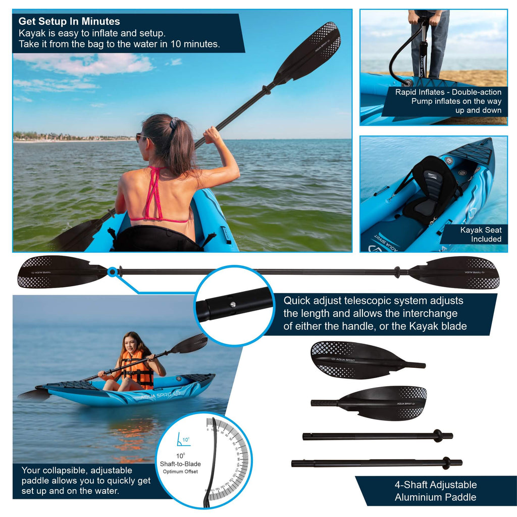 Aqua Spirit Inflatable Kayak, 2-Seater Complete Kayak Kit with Paddle, Backpack, Double-Action Pump and more accessories/Adult Beginners/Experts, 13’5” - 3 Year Warranty