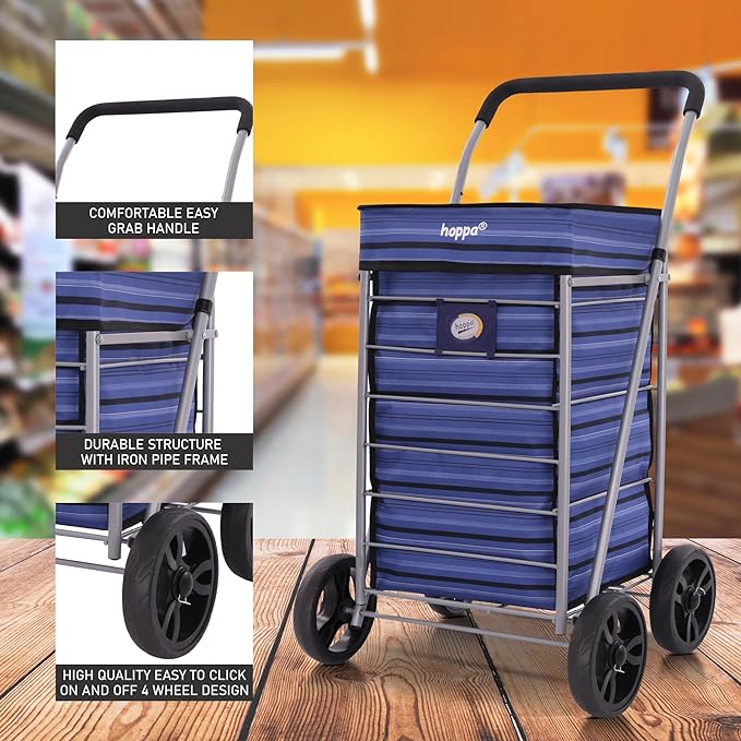 Hoppa Lightweight 4-Wheel Premium 2025 Model Folding Shopping Trolley Extra Large 64L Capacity Shopping Trolley Bag, 95cm, 4.8kg, Push/Pull (Black)