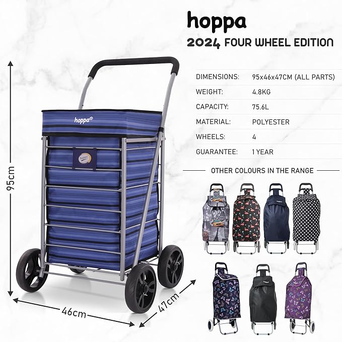 Hoppa Lightweight 4-Wheel Premium 2025 Model Folding Shopping Trolley Extra Large 64L Capacity Shopping Trolley Bag, 95cm, 4.8kg, Push/Pull (Black)