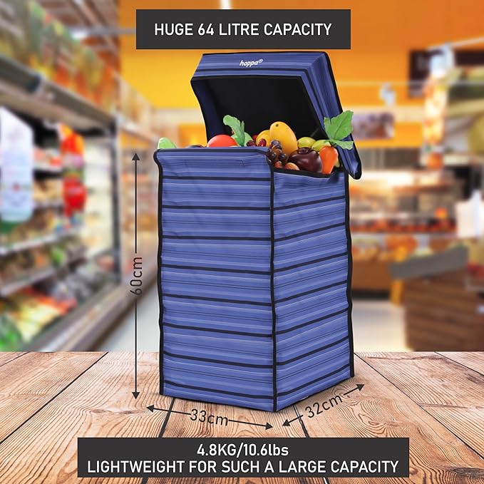 Hoppa Lightweight 4-Wheel Premium 2025 Model Folding Shopping Trolley Extra Large 64L Capacity Shopping Trolley Bag, 95cm, 4.8kg, Push/Pull (Black)