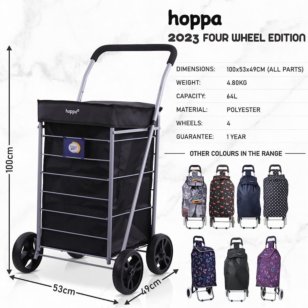 Hoppa Lightweight 4-Wheel Premium 2025 Model Folding Shopping Trolley Extra Large 64L Capacity Shopping Trolley Bag, 95cm, 4.8kg, Push/Pull (Black)