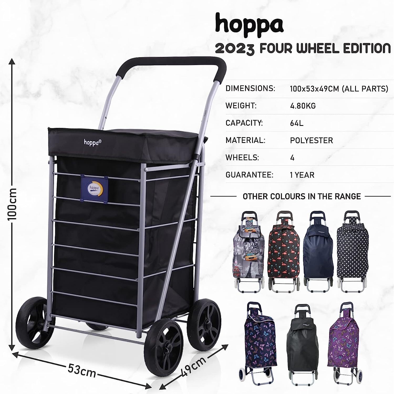 Hoppa Lightweight 4-Wheel Premium 2025 Model Folding Shopping Trolley Extra Large 64L Capacity Shopping Trolley Bag, 95cm, 4.8kg, Push/Pull (Black)