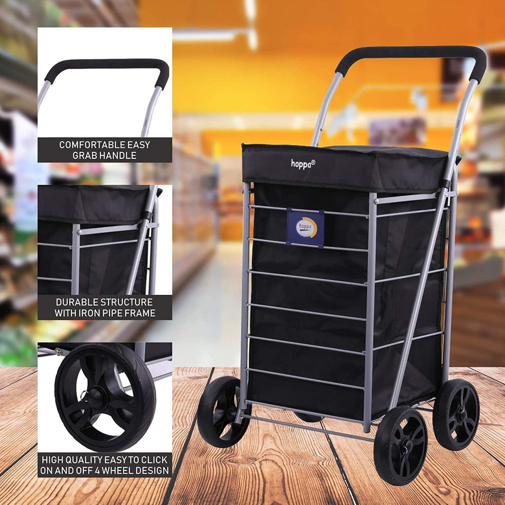 Hoppa Lightweight 4-Wheel Premium 2025 Model Folding Shopping Trolley Extra Large 64L Capacity Shopping Trolley Bag, 95cm, 4.8kg, Push/Pull (Black)