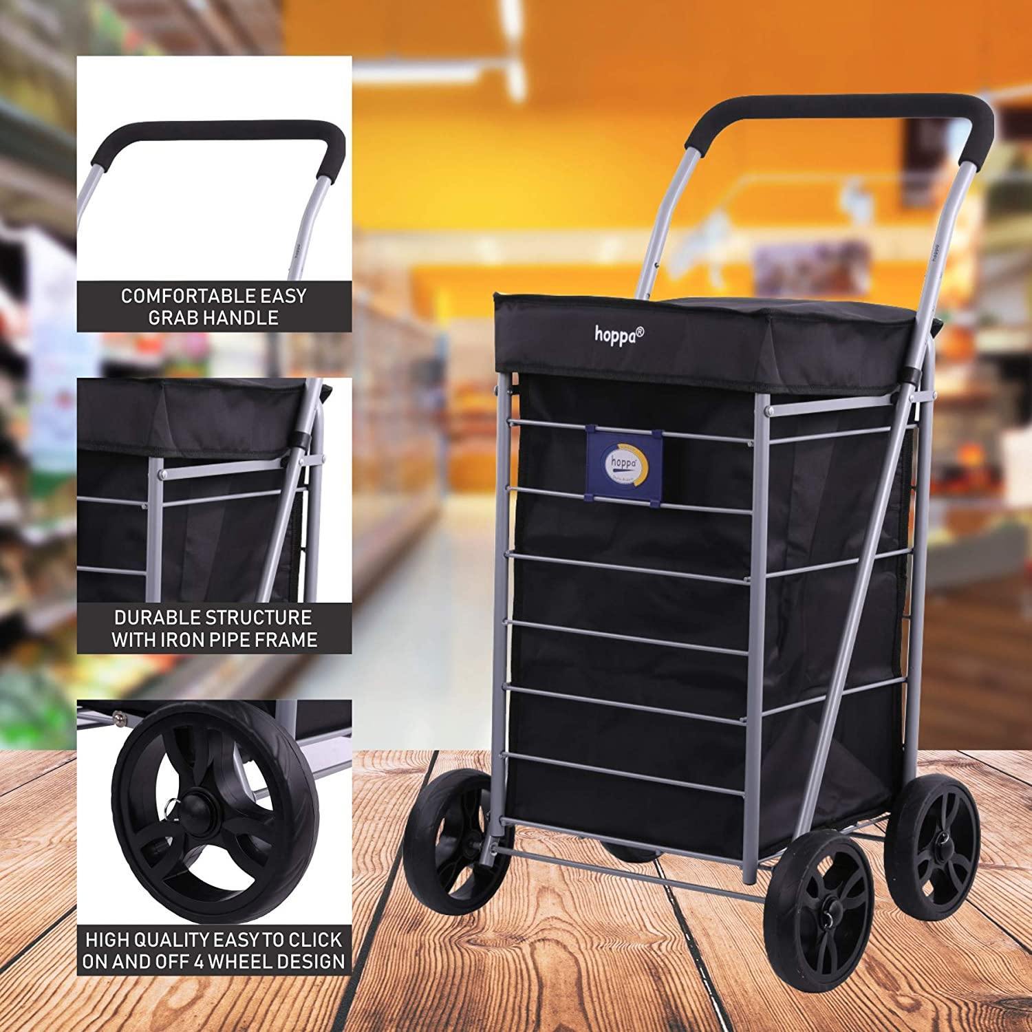 Hoppa Lightweight 4-Wheel Premium 2025 Model Folding Shopping Trolley Extra Large 64L Capacity Shopping Trolley Bag, 95cm, 4.8kg, Push/Pull (Black)