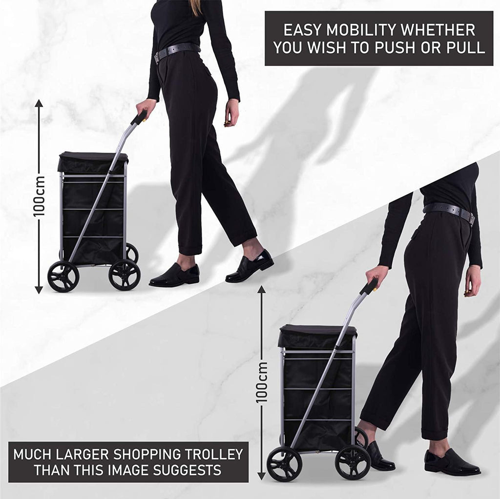 Hoppa Lightweight 4-Wheel Premium 2025 Model Folding Shopping Trolley Extra Large 64L Capacity Shopping Trolley Bag, 95cm, 4.8kg, Push/Pull (Black)