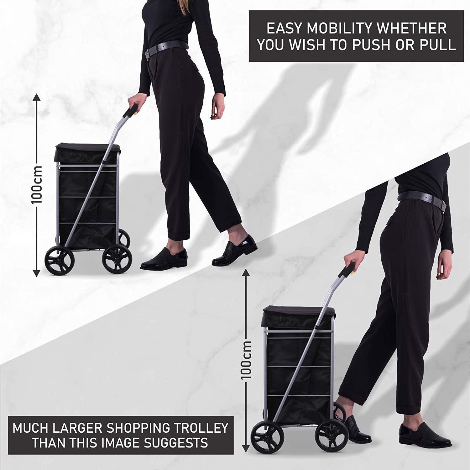 Hoppa Lightweight 4-Wheel Premium 2025 Model Folding Shopping Trolley Extra Large 64L Capacity Shopping Trolley Bag, 95cm, 4.8kg, Push/Pull (Black)