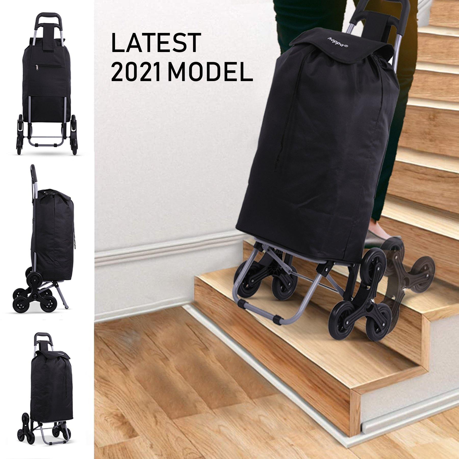Hoppa Lightweight 6-Wheel 2025 Model Folding Shopping Trolley Large 47L Capacity Shopping Trolley Bag, 95cm, 2kg, Push/Pull Stairclimber (Black)
