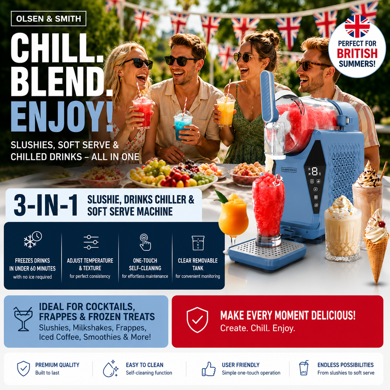 Olsen & Smith Slushie Machine & Frozen Drink Maker – 3-in-1 Slushy, Soft Serve Ice Cream & Drinks Chiller Machine for Cocktails, Milkshakes, Frappes & Iced Coffee (Blue)