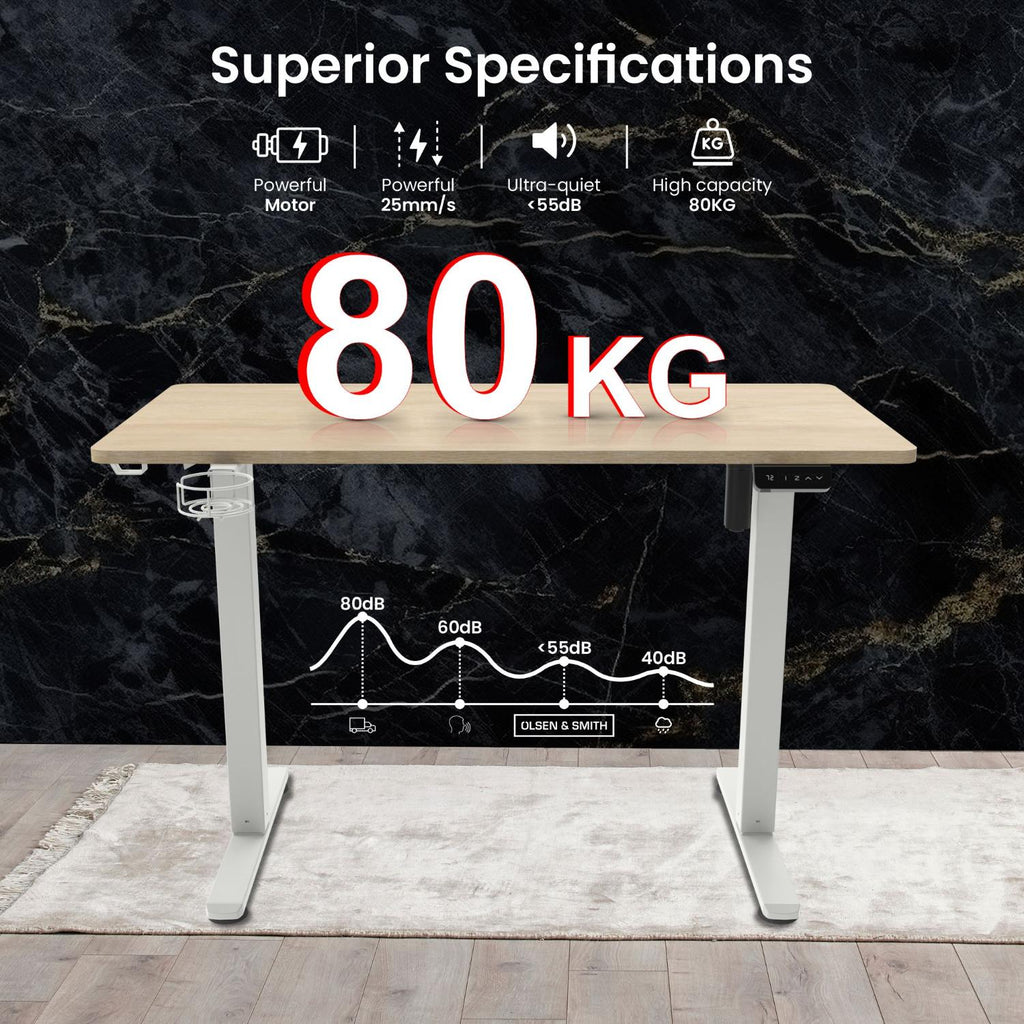 Olsen & Smith Premium Electric Standing Desk - 120cm Height Adjustable, Heavy-Duty Single Solid Board, 80kg Load Capacity, LCD Display, Memory Function, Headphone Hook & Drinks Holder