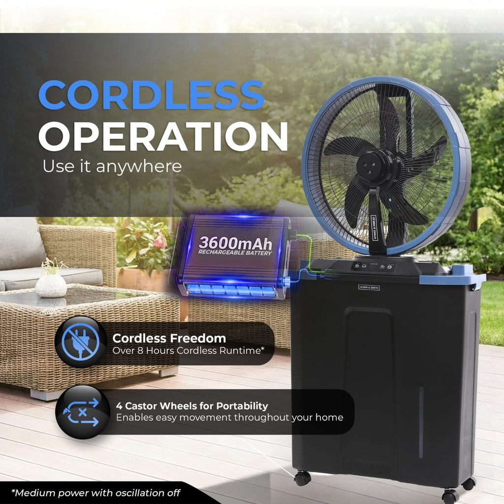 Olsen & Smith 16" Cordless Misting Fan with HUGE 22L Water Tank, Rechargeable Portable Patio Cooling Fan with Oscillation, Wheels, Remote, Indoor & Outdoor, Garden, Camping, BBQ