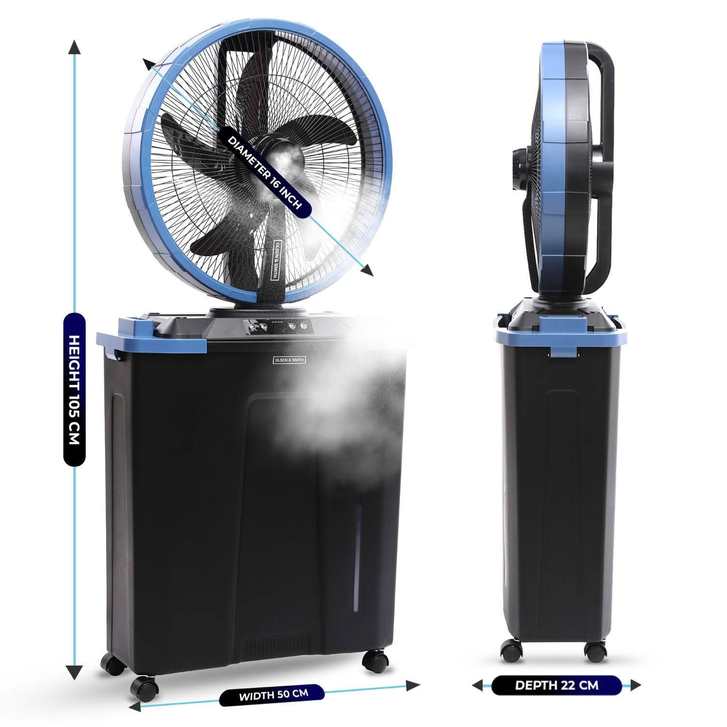 Olsen & Smith 16" Cordless Misting Fan with HUGE 22L Water Tank, Rechargeable Portable Patio Cooling Fan with Oscillation, Wheels, Remote, Indoor & Outdoor, Garden, Camping, BBQ
