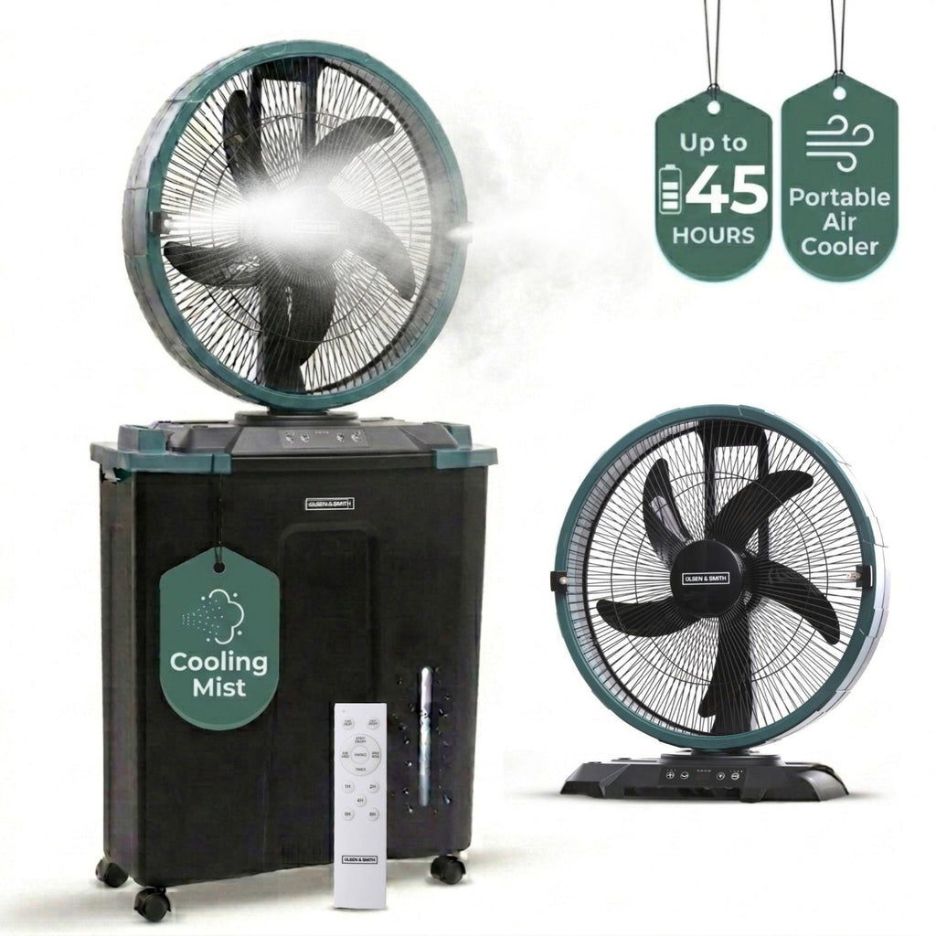 Olsen & Smith 16 Inch Cordless Spray Fan with 22L Water Tank – Portable Rechargeable Cooling Fan with Oscillation, Remote Control & Wheels for Indoor Outdoor Home, Garden & Camping
