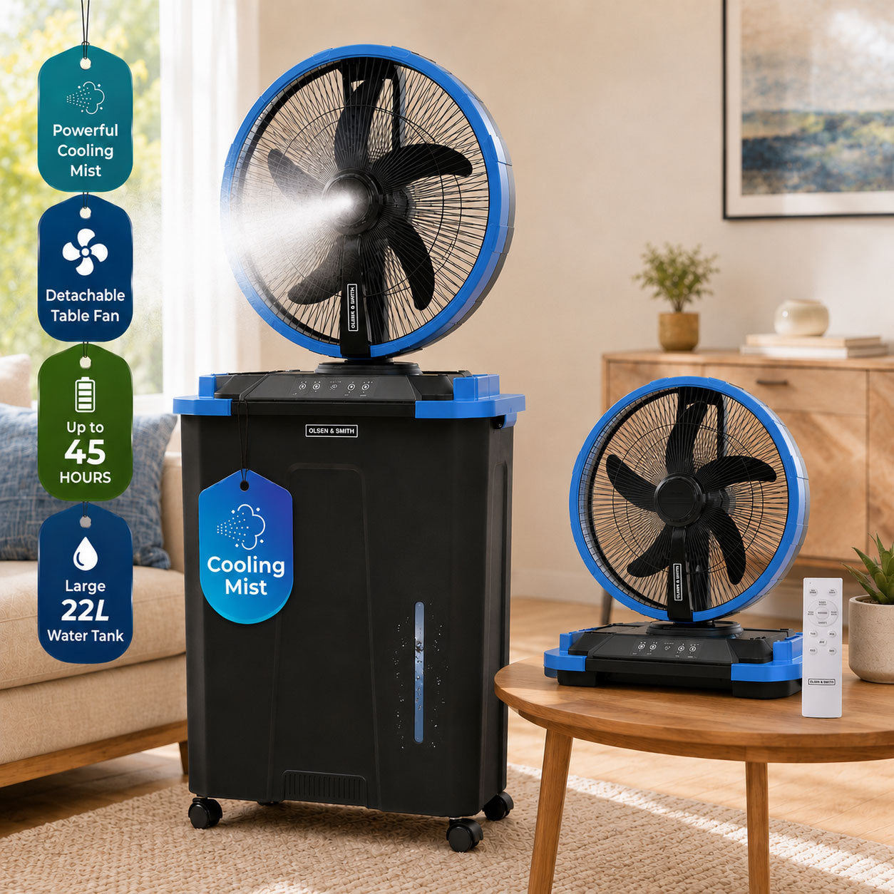 Olsen & Smith 16" Cordless Misting Fan with HUGE 22L Water Tank, Rechargeable Portable Patio Cooling Fan with Oscillation, Wheels, Remote, Indoor & Outdoor, Garden, Camping, BBQ