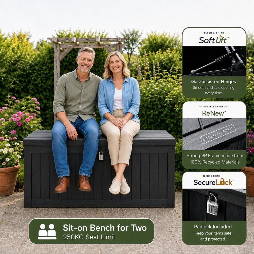 Olsen & Smith 570L Large Garden Storage Box – Weather Resistant Outdoor Storage Chest, 100% Recycled Plastic Cushion Storage Box with Padlock & Wood Effect, Heavy Duty Patio Storage (Grey)
