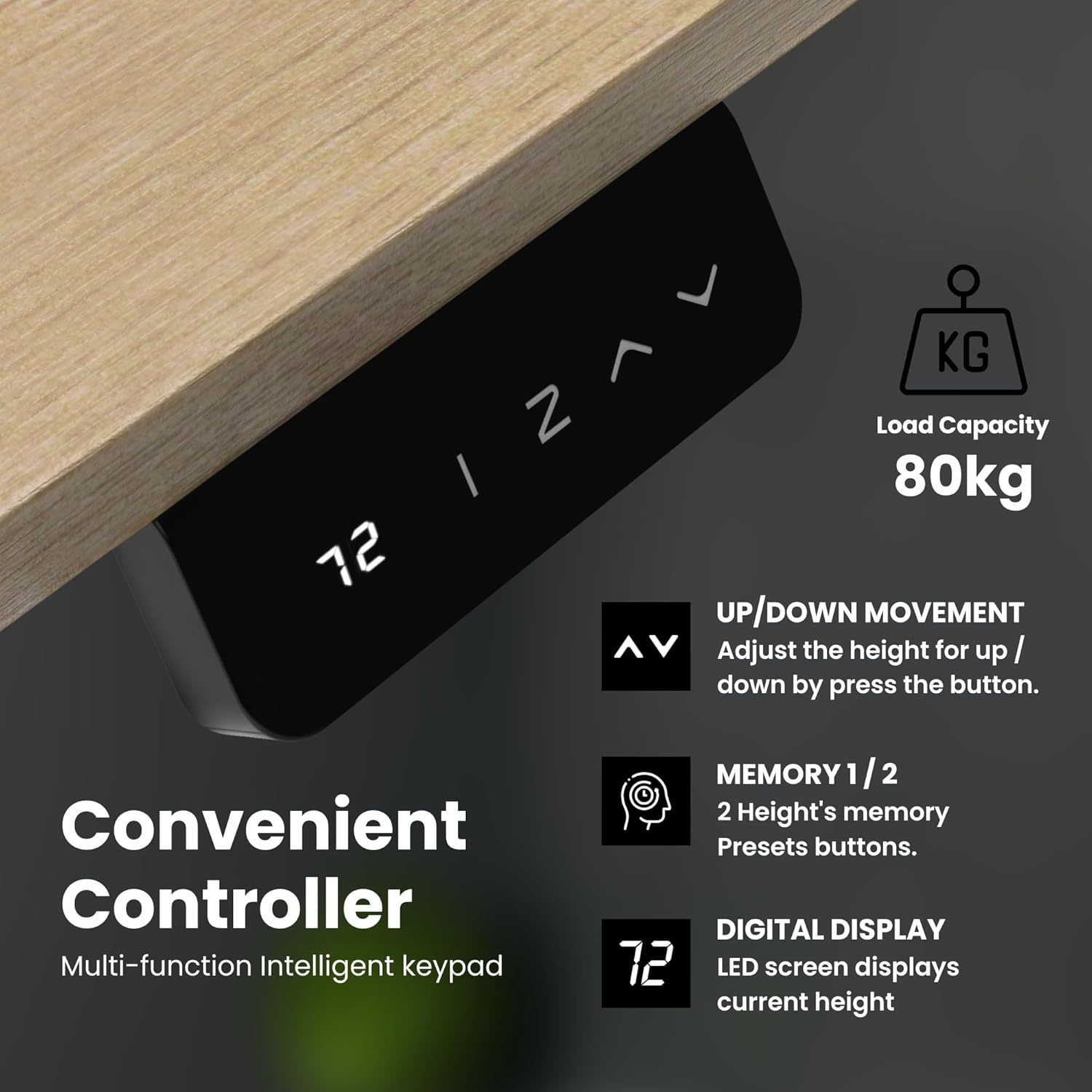 Olsen & Smith Premium Electric Standing Desk - 120cm Height Adjustable, Heavy-Duty Single Solid Board, 80kg Load Capacity, LCD Display, Memory Function, Headphone Hook & Drinks Holder