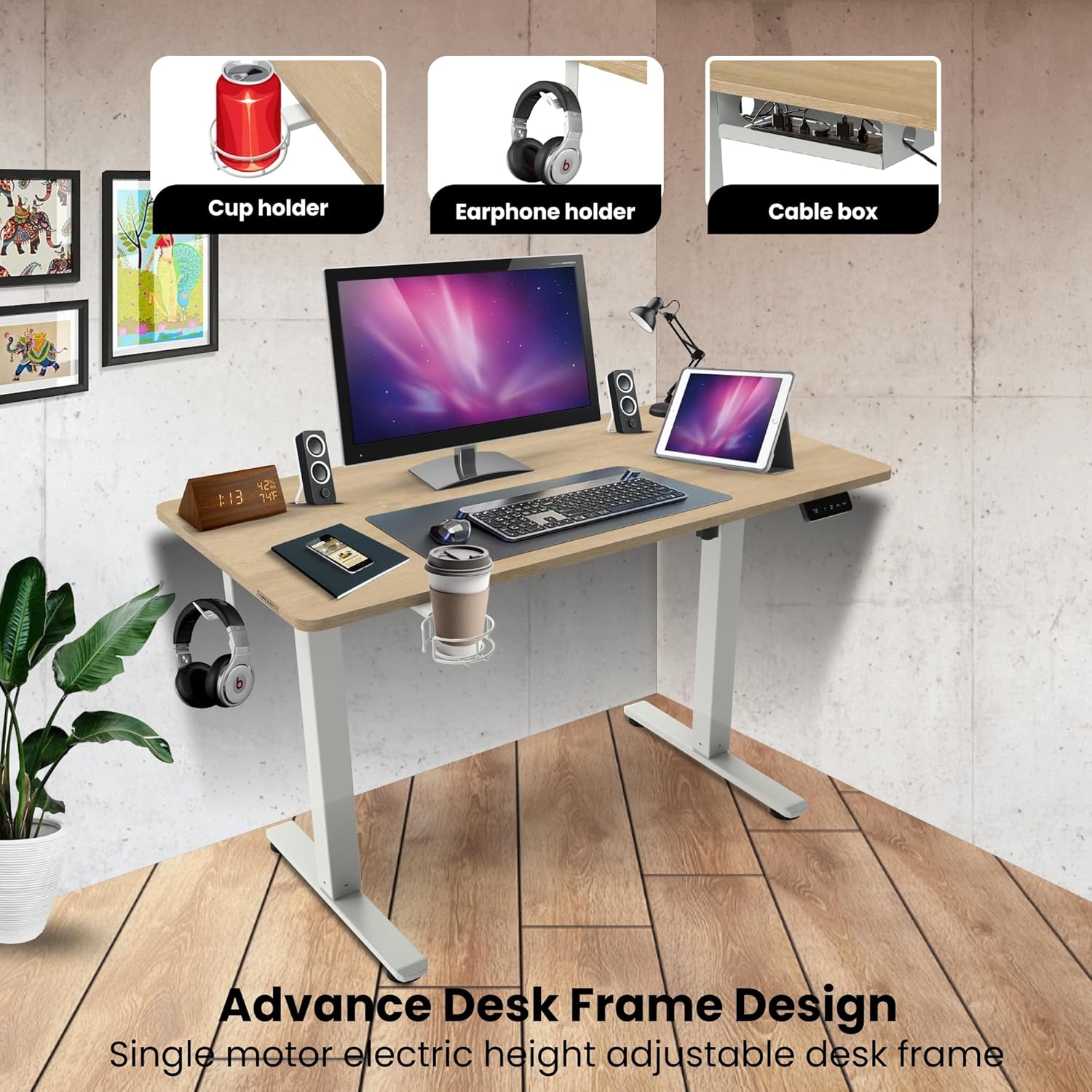 Olsen & Smith Premium Electric Standing Desk - 120cm Height Adjustable, Heavy-Duty Single Solid Board, 80kg Load Capacity, LCD Display, Memory Function, Headphone Hook & Drinks Holder