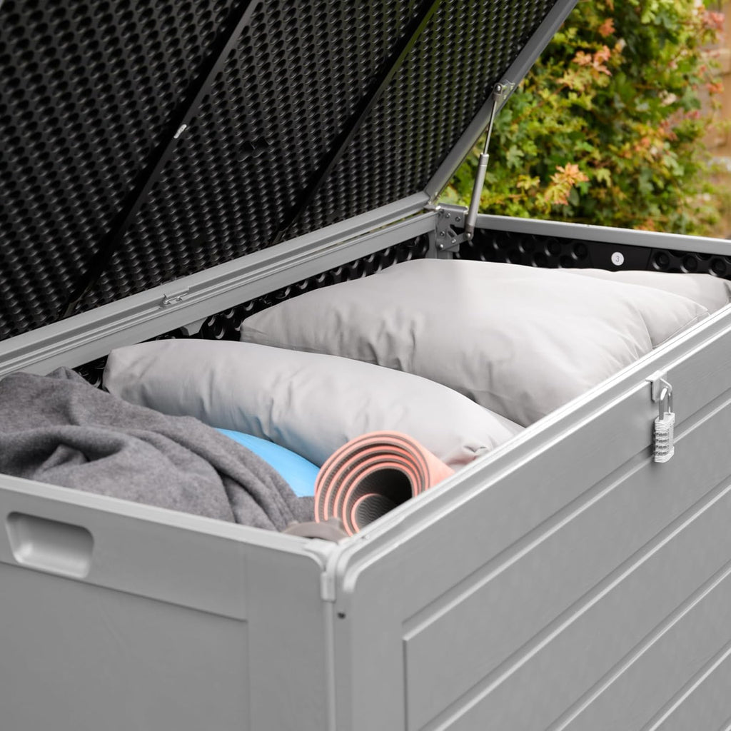 Olsen & Smith 680L Extra Large Waterproof Garden Storage Box, Outdoor Cushion & Furniture Storage, Heavy Duty Weatherproof Plastic Chest, Sit-On Lid, Anthracite Grey
