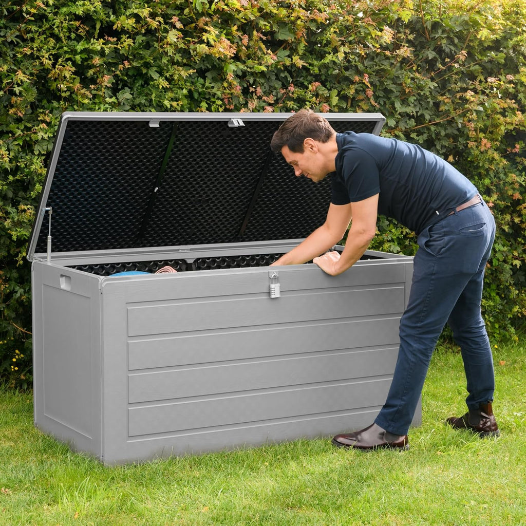 Olsen & Smith 680L Extra Large Waterproof Garden Storage Box, Outdoor Cushion & Furniture Storage, Heavy Duty Weatherproof Plastic Chest, Sit-On Lid, Anthracite Grey