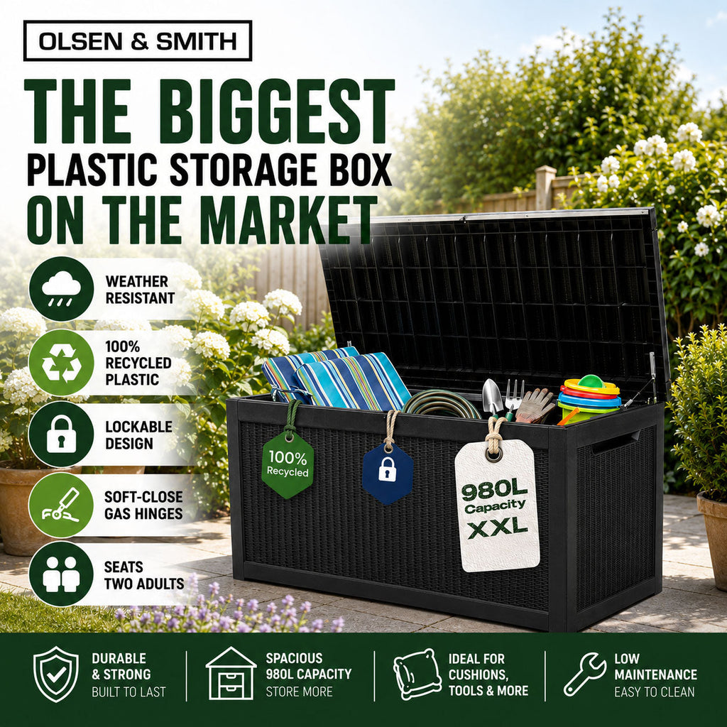 Olsen & Smith 980L XXL Garden Storage Box – Extra Large Outdoor Storage Chest, 100% Recycled Plastic, Weather Resistant Heavy Duty Cushion Storage Box with Padlock & Wood Effect