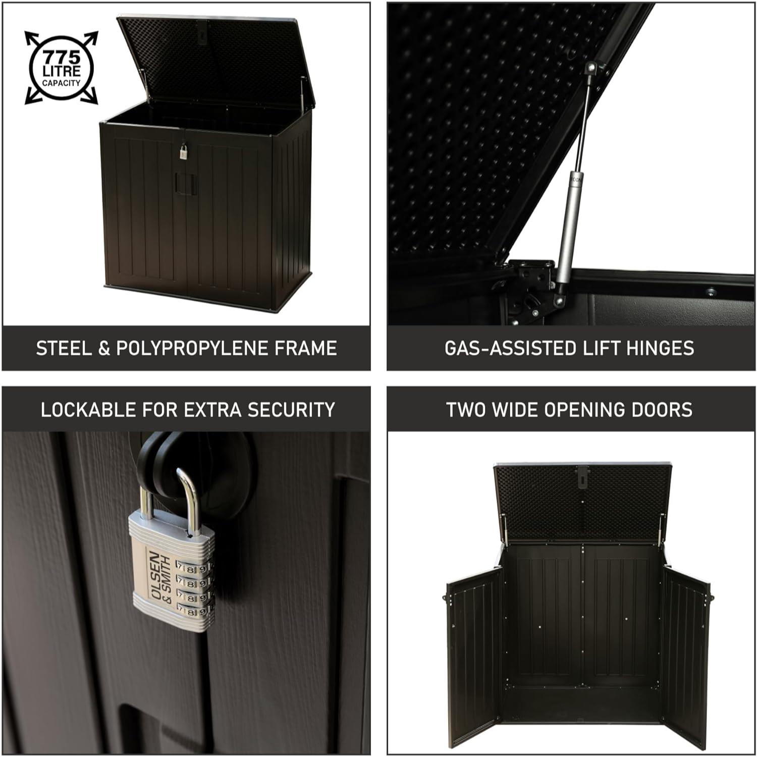 Olsen & Smith 775L Large Outdoor Garden Storage Box, Small (2x 180L) Wheelie Bin Storage, Waterproof Wood-Effect, Small Bike Shed, Garage Storage & Tool Storage, Inc. Padlock
