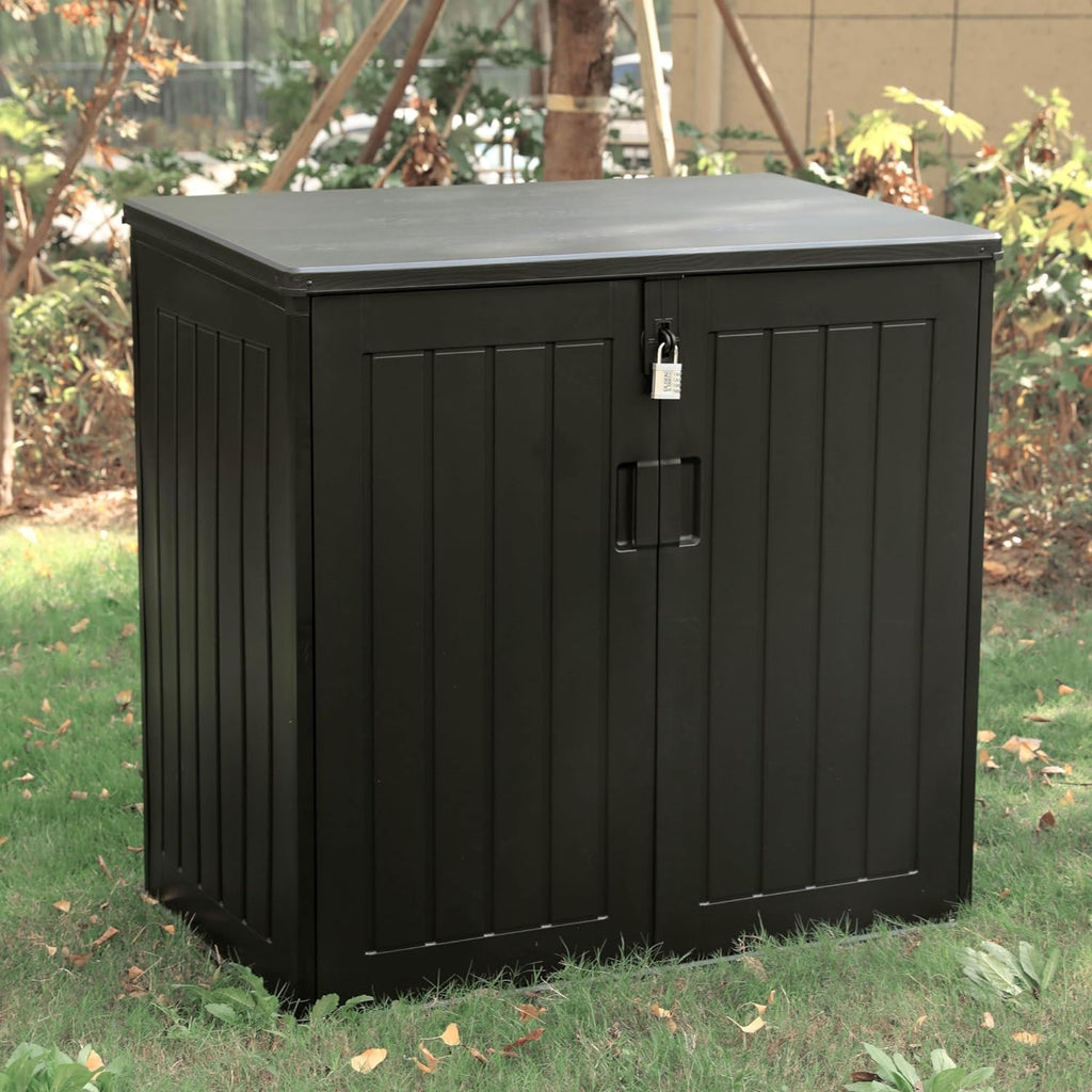 Olsen & Smith 775L Large Outdoor Garden Storage Box, Small (2x 180L) Wheelie Bin Storage, Waterproof Wood-Effect, Small Bike Shed, Garage Storage & Tool Storage, Inc. Padlock