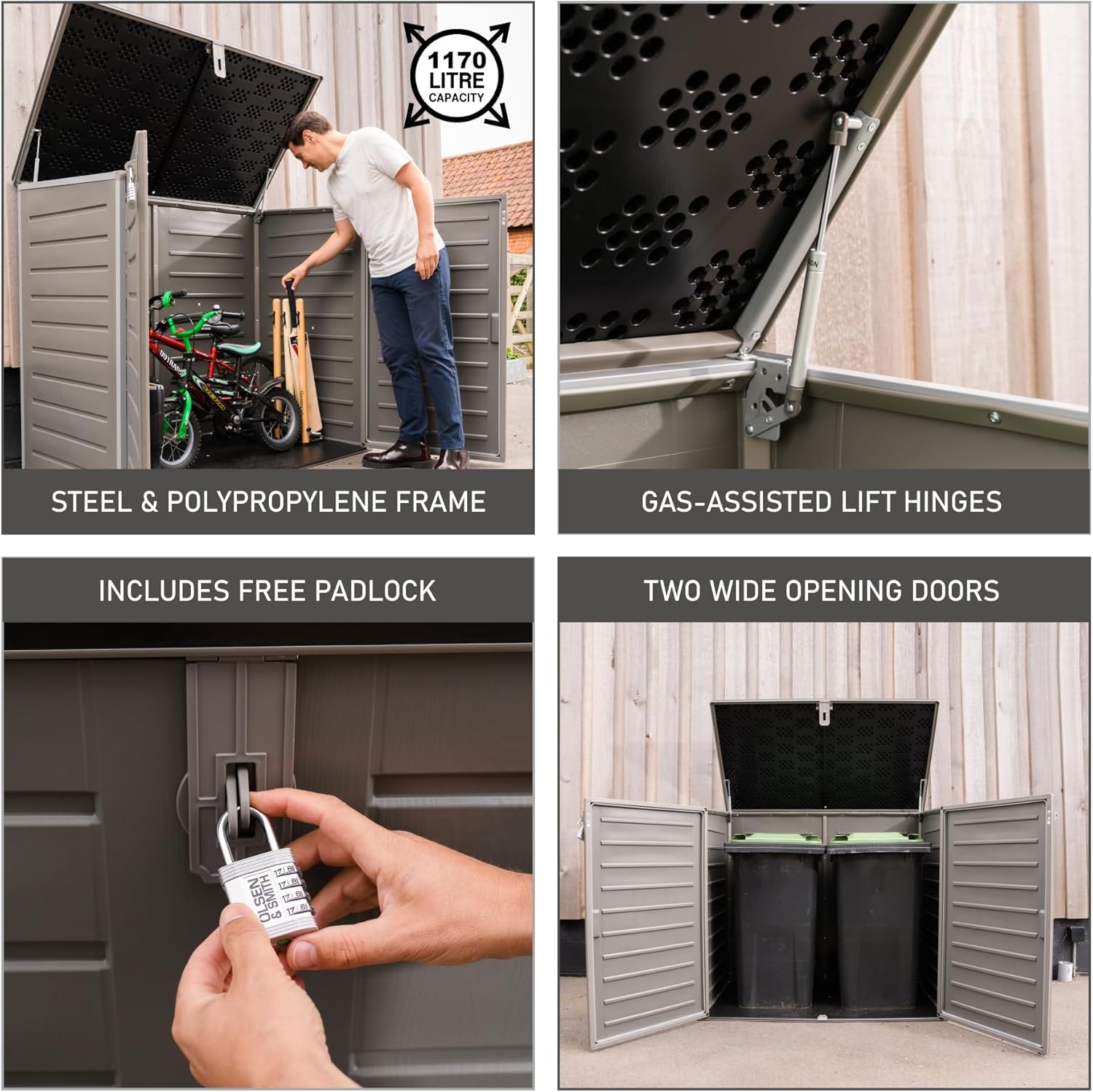Olsen & Smith 1170L Extra Large Outdoor Garden Storage Box, Weatherproof Heavy-Duty Plastic, Lockable, Wheelie Bin, Tools & Cushion Storage