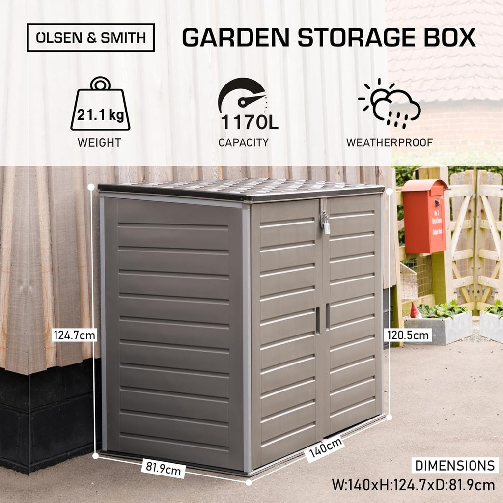Olsen & Smith 1170L Extra Large Outdoor Garden Storage Box, Weatherproof Heavy-Duty Plastic, Lockable, Wheelie Bin, Tools & Cushion Storage