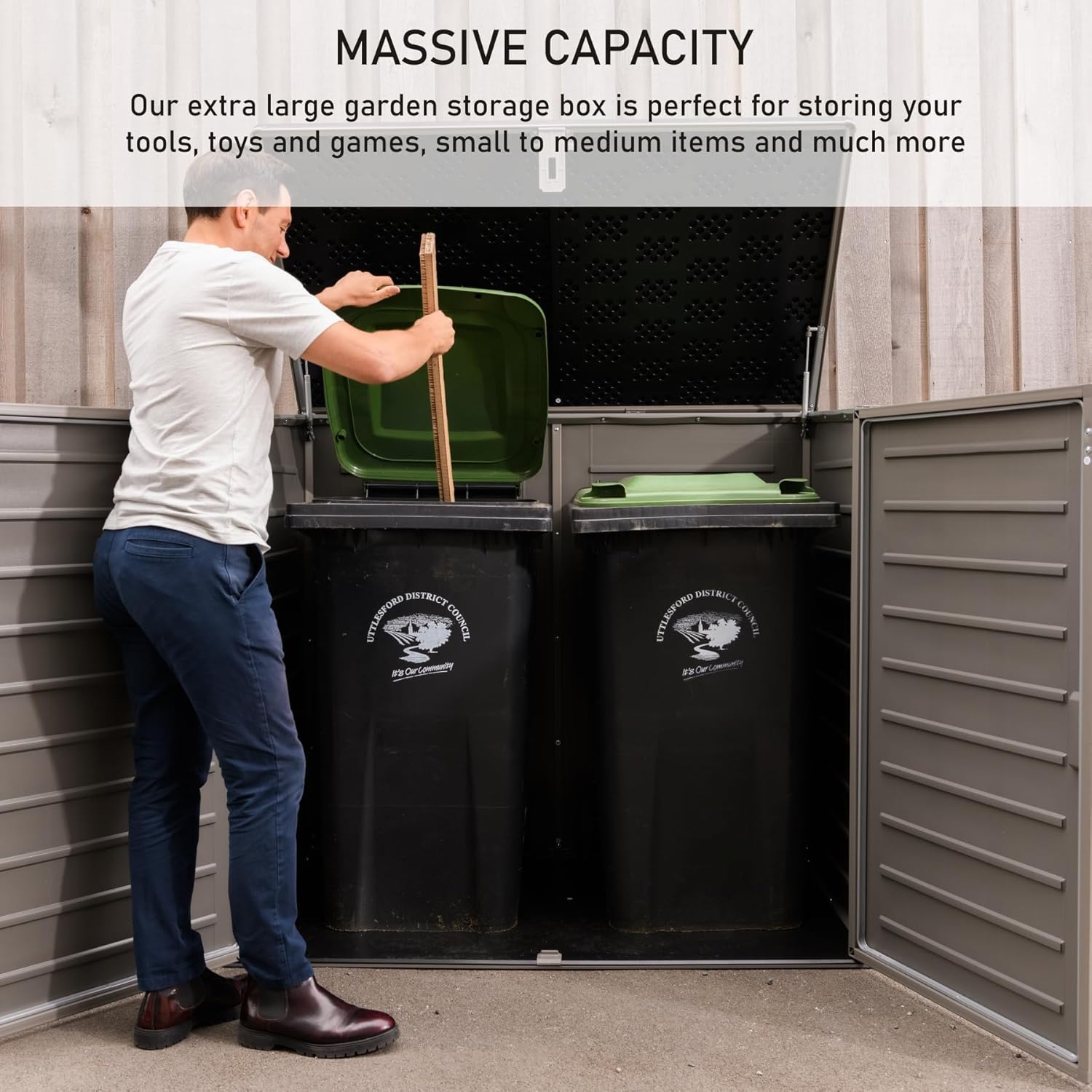 Olsen & Smith 1170L Extra Large Outdoor Garden Storage Box, Weatherproof Heavy-Duty Plastic, Lockable, Wheelie Bin, Tools & Cushion Storage