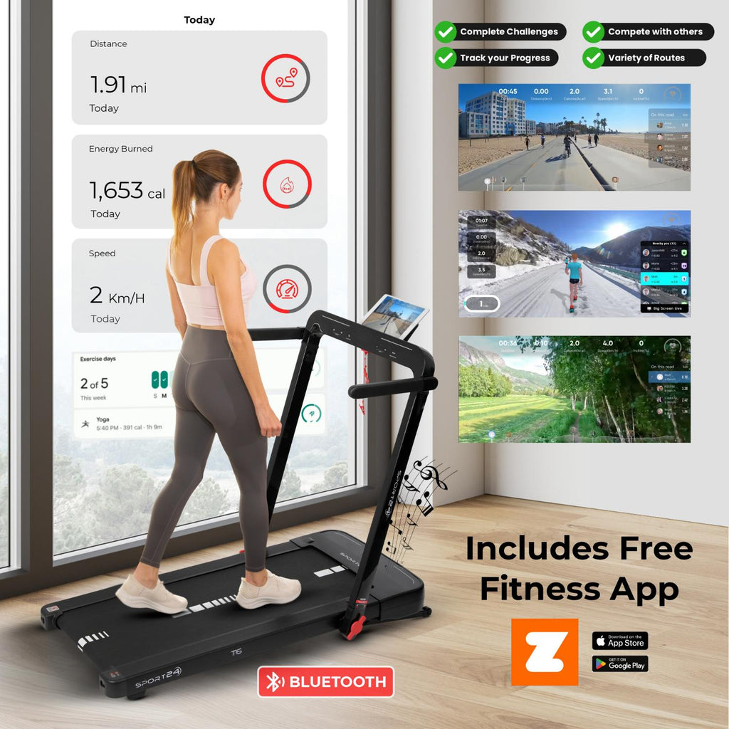 Sport24 1-16 km/h 5 in 1 Folding Treadmill Walking Pad Running Machine with Auto-Incline, Advanced LED Display, Bluetooth, Handlebars, Speakers, Adjustable Work Tray, Apps, 4.5HP Quiet Motor, Remote Control, 3 Years Brand Warranty