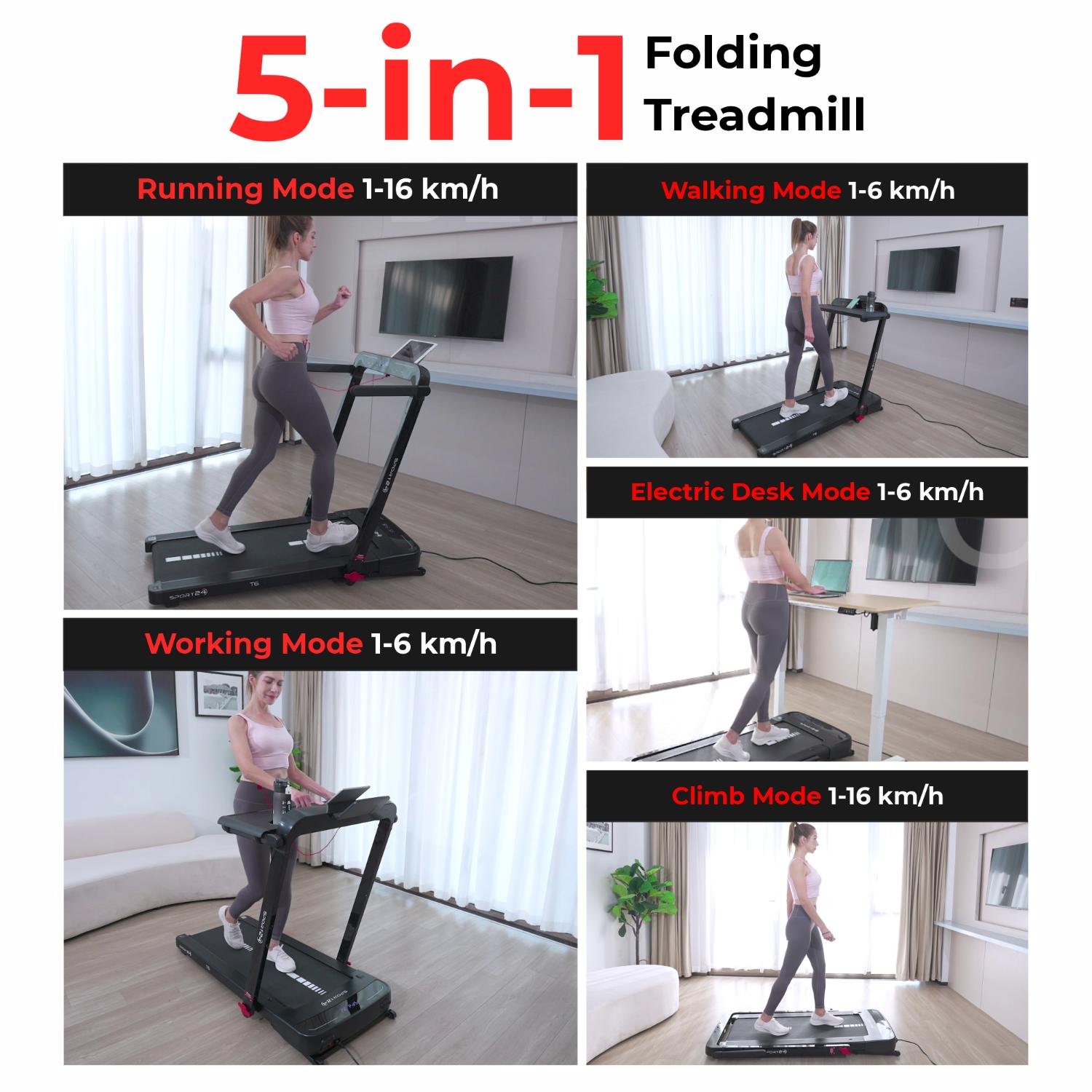 Sport24 1-16 km/h 5 in 1 Folding Treadmill Walking Pad Running Machine with Auto-Incline, Advanced LED Display, Bluetooth, Handlebars, Speakers, Adjustable Work Tray, Apps, 4.5HP Quiet Motor, Remote Control, 3 Years Brand Warranty